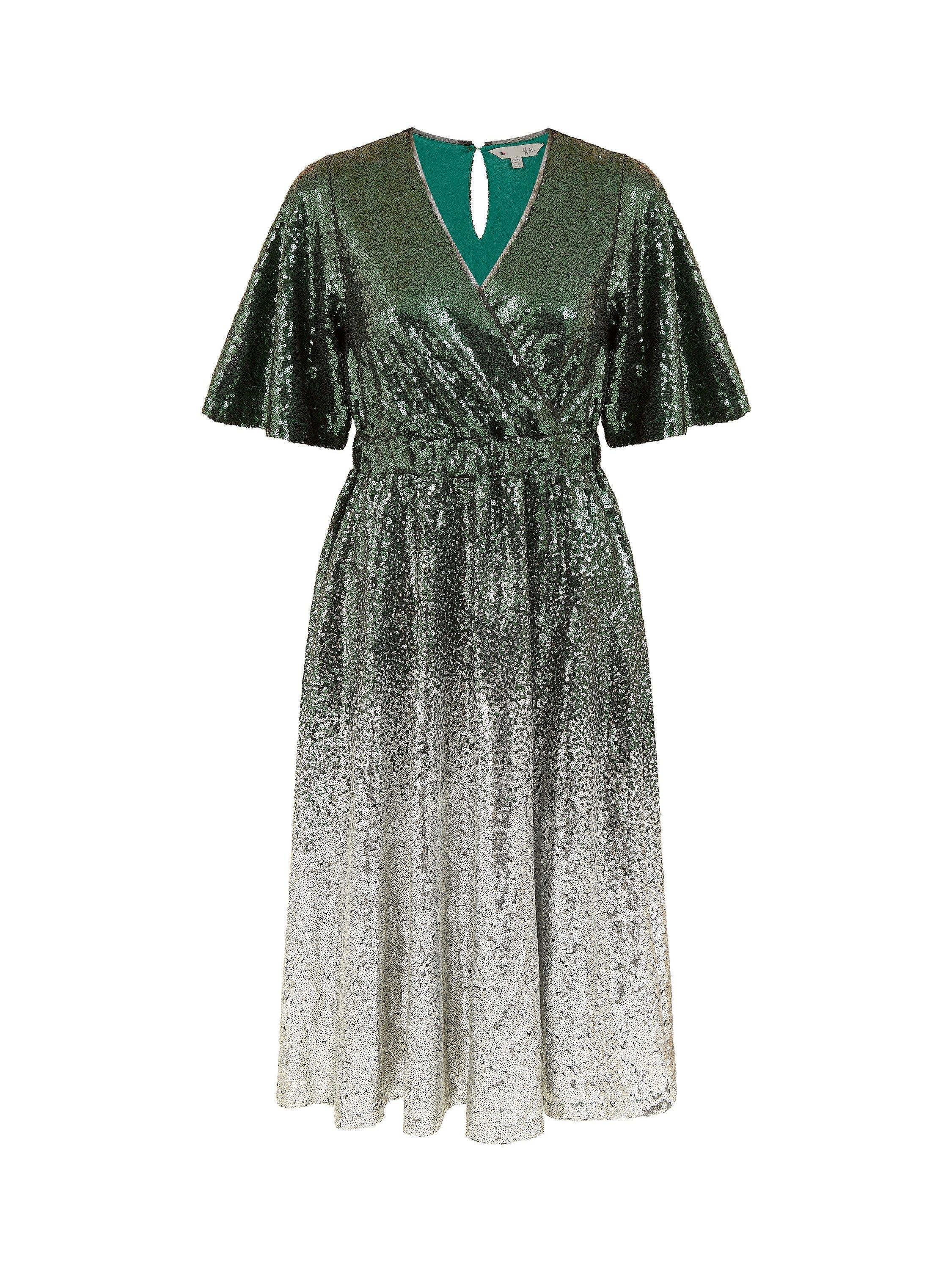Product image 5 of 5, which shows Yumi Ombre Sequin Midi Wrap Dress, Green/Silver, 8