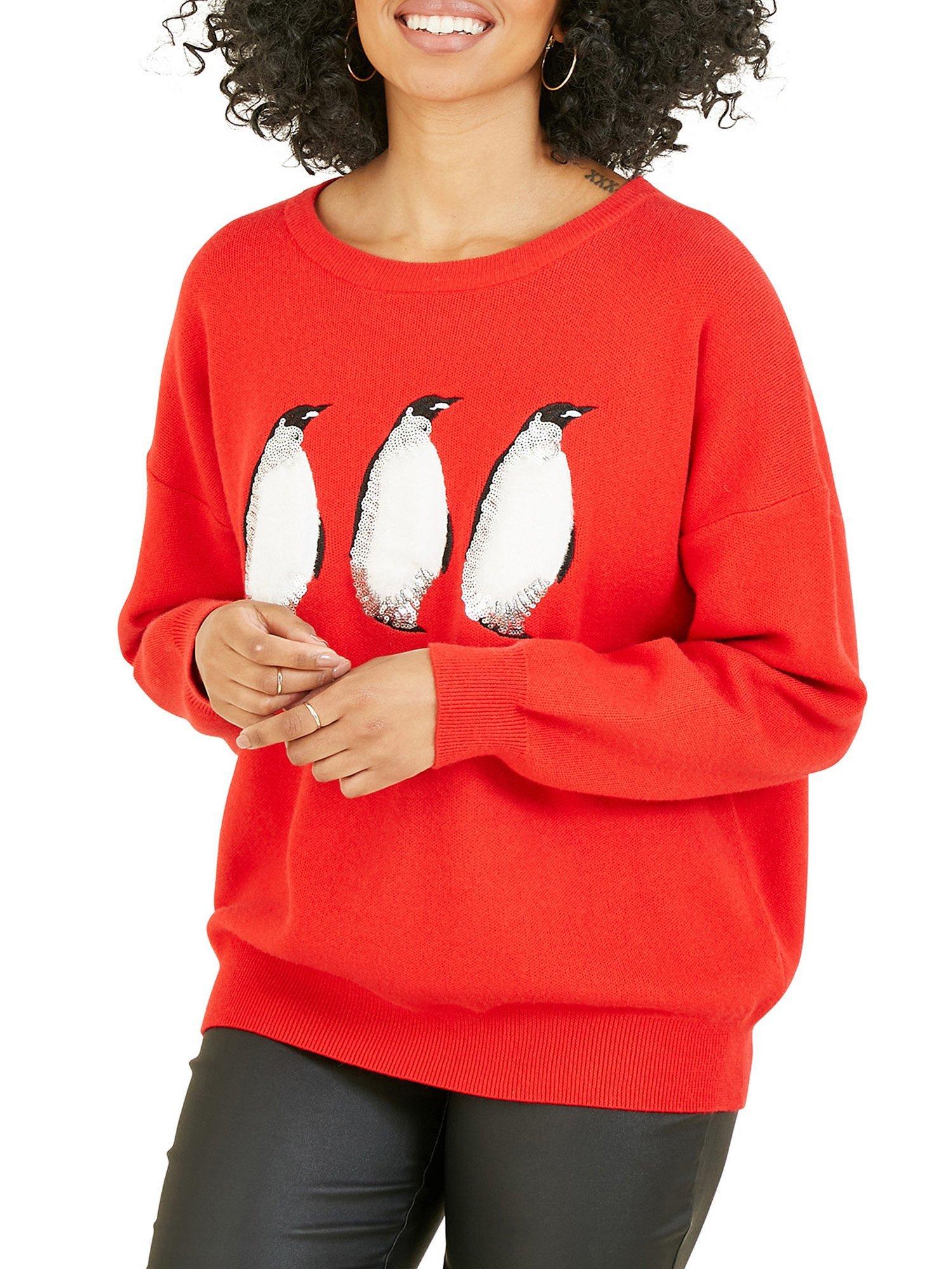 Yumi Christmas Festive Penguin Knitted Jumper, Red