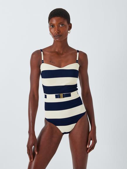 John Lewis Hello Sailor Stripe Belted Swimsuit, Blue, Blue