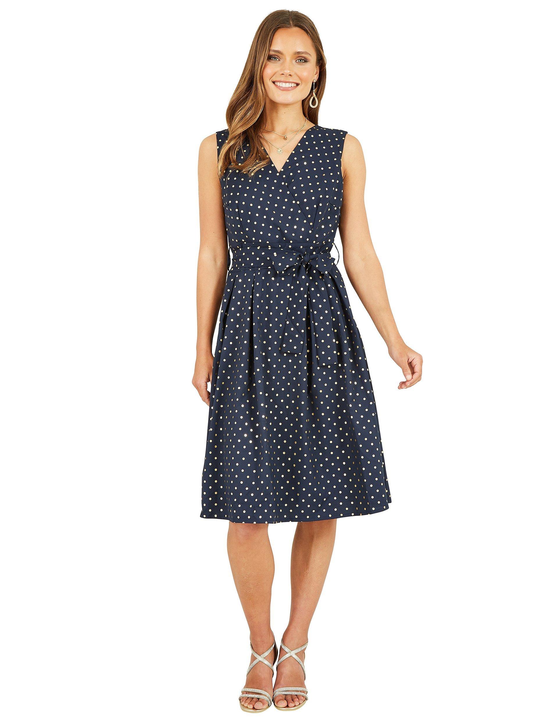 Product image 1 of 5, which shows Yumi Mela London Polka Dot Wrap Dress, Navy, 10