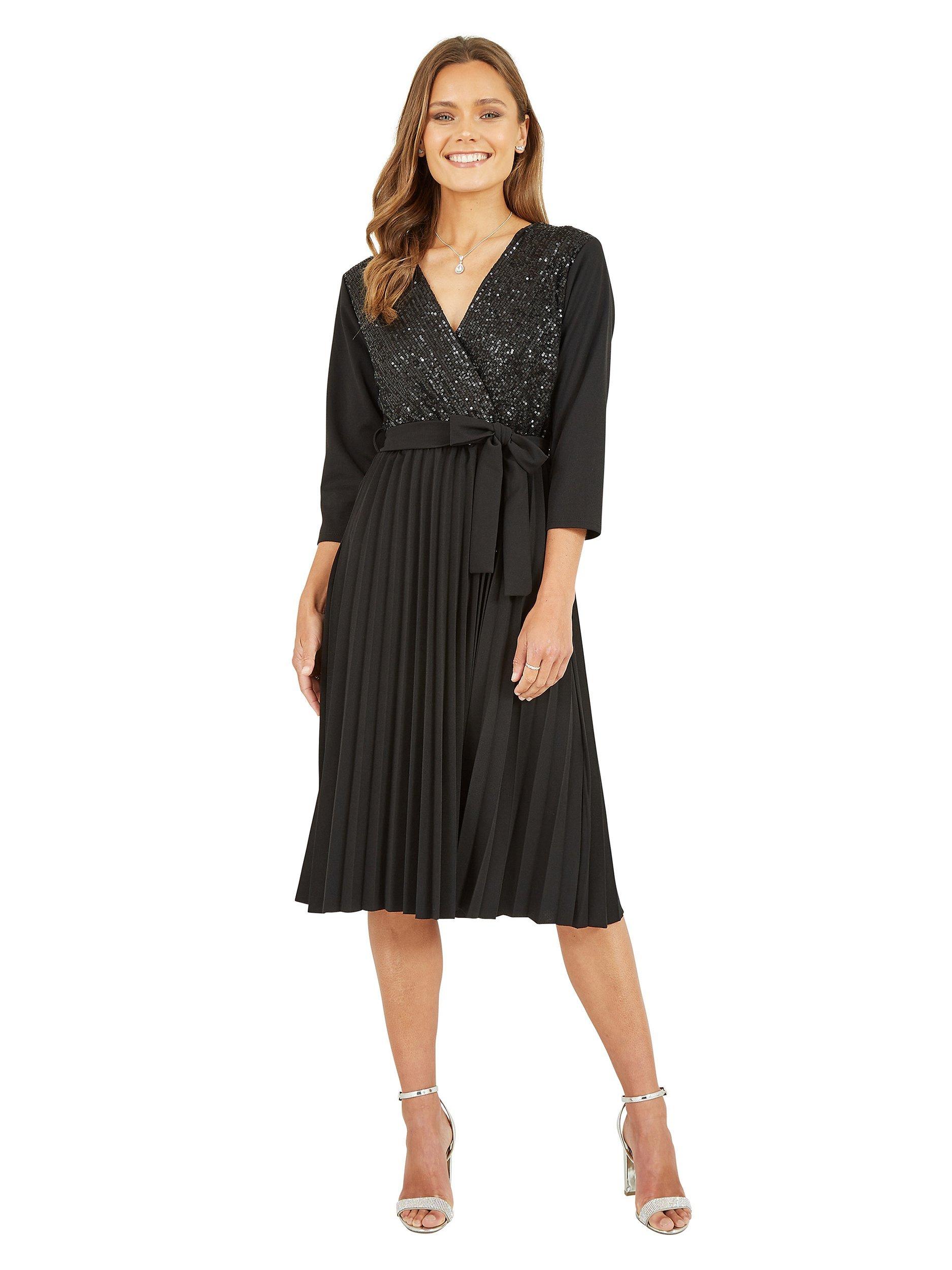 Product image 1 of 4, which shows Yumi Mela London Sequin Wrap Midi Dress With Pleats, Black, 8