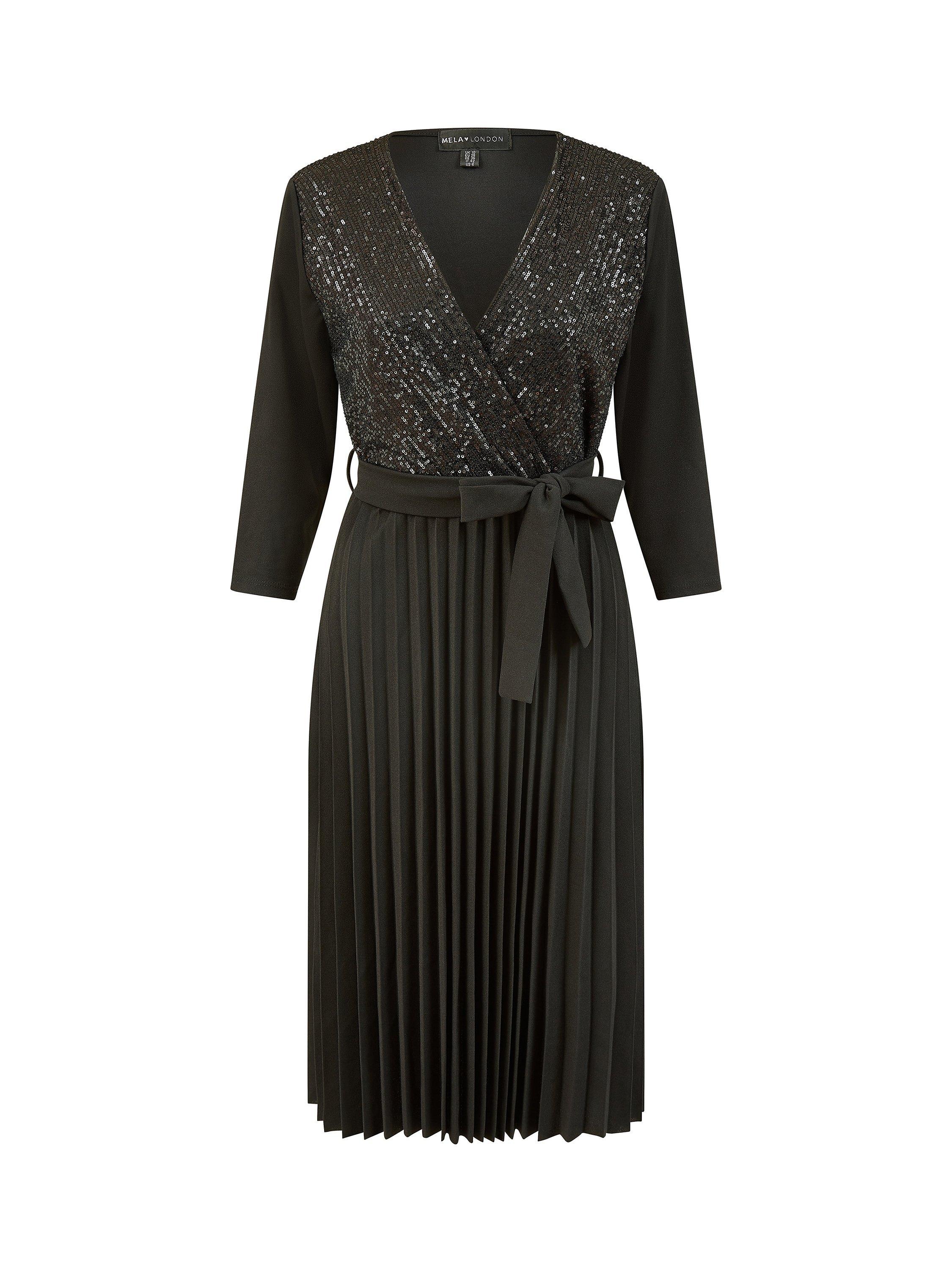 Product image 4 of 4, which shows Yumi Mela London Sequin Wrap Midi Dress With Pleats, Black, 8