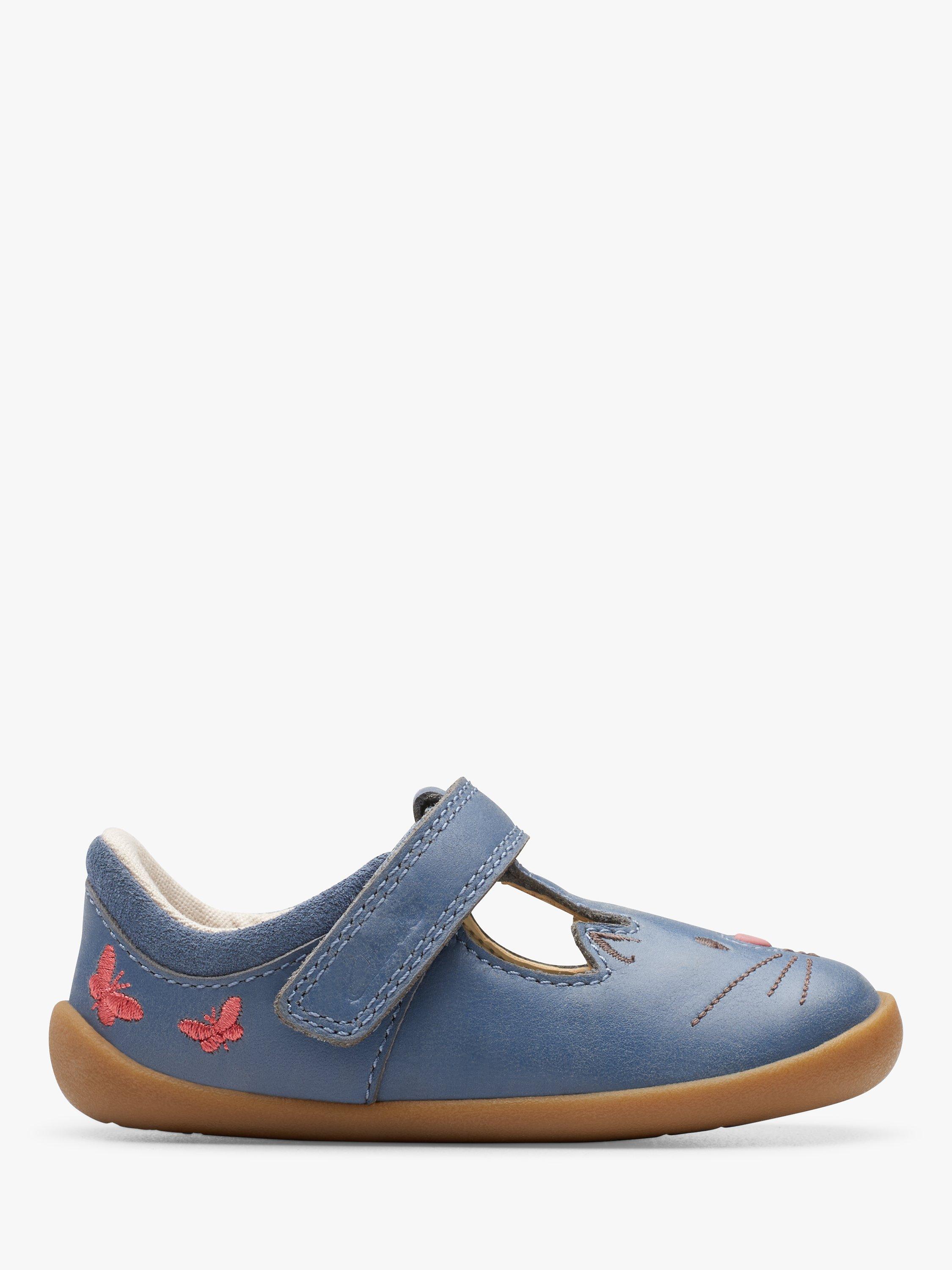 Clarks Baby Roamer Flash Ear Leather Embroidered T-Bar Shoes, Blue Denim