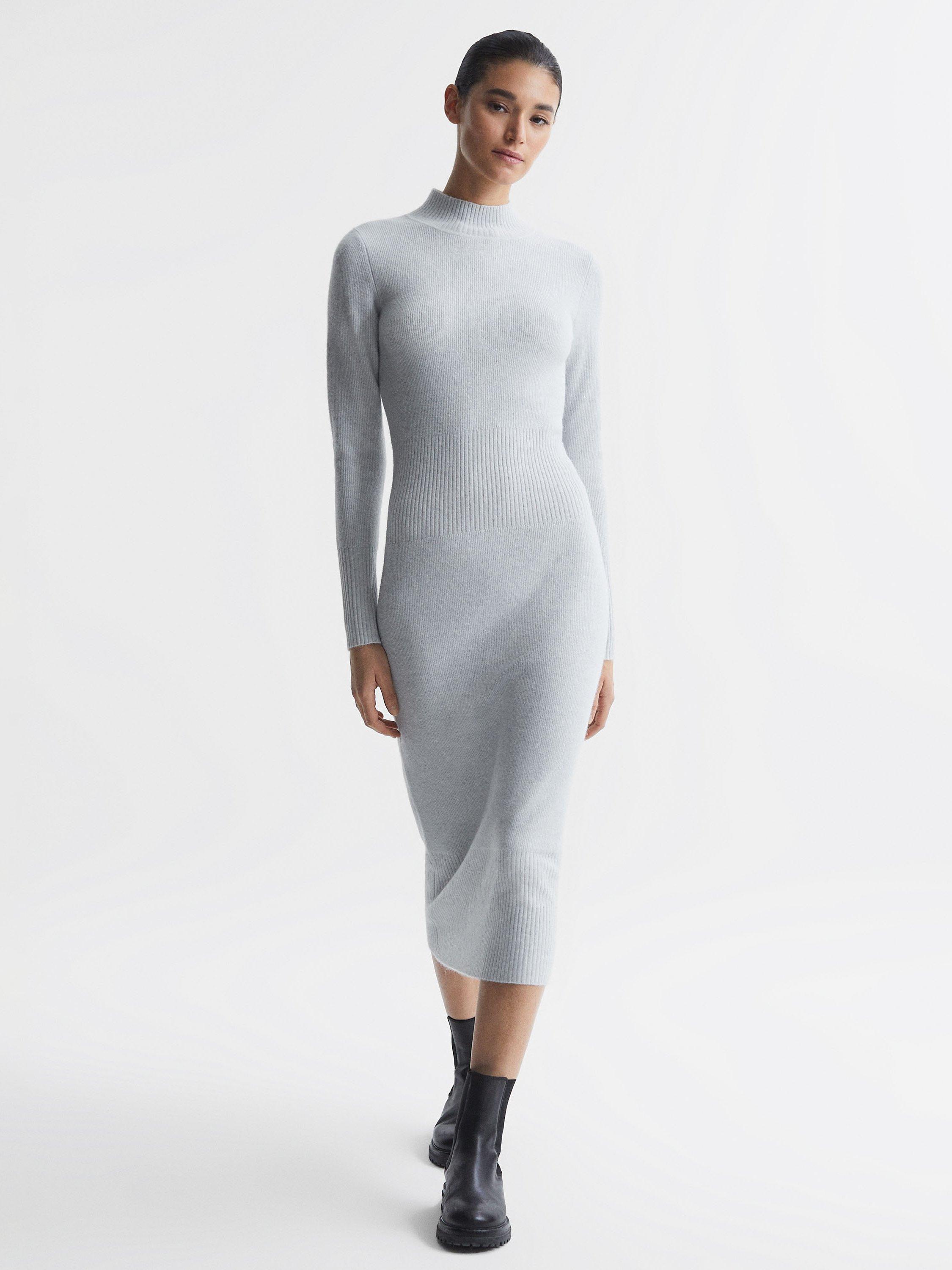 Reiss Mara Bodycon Knit Wool Cashmere Blend Midi Dress Grey