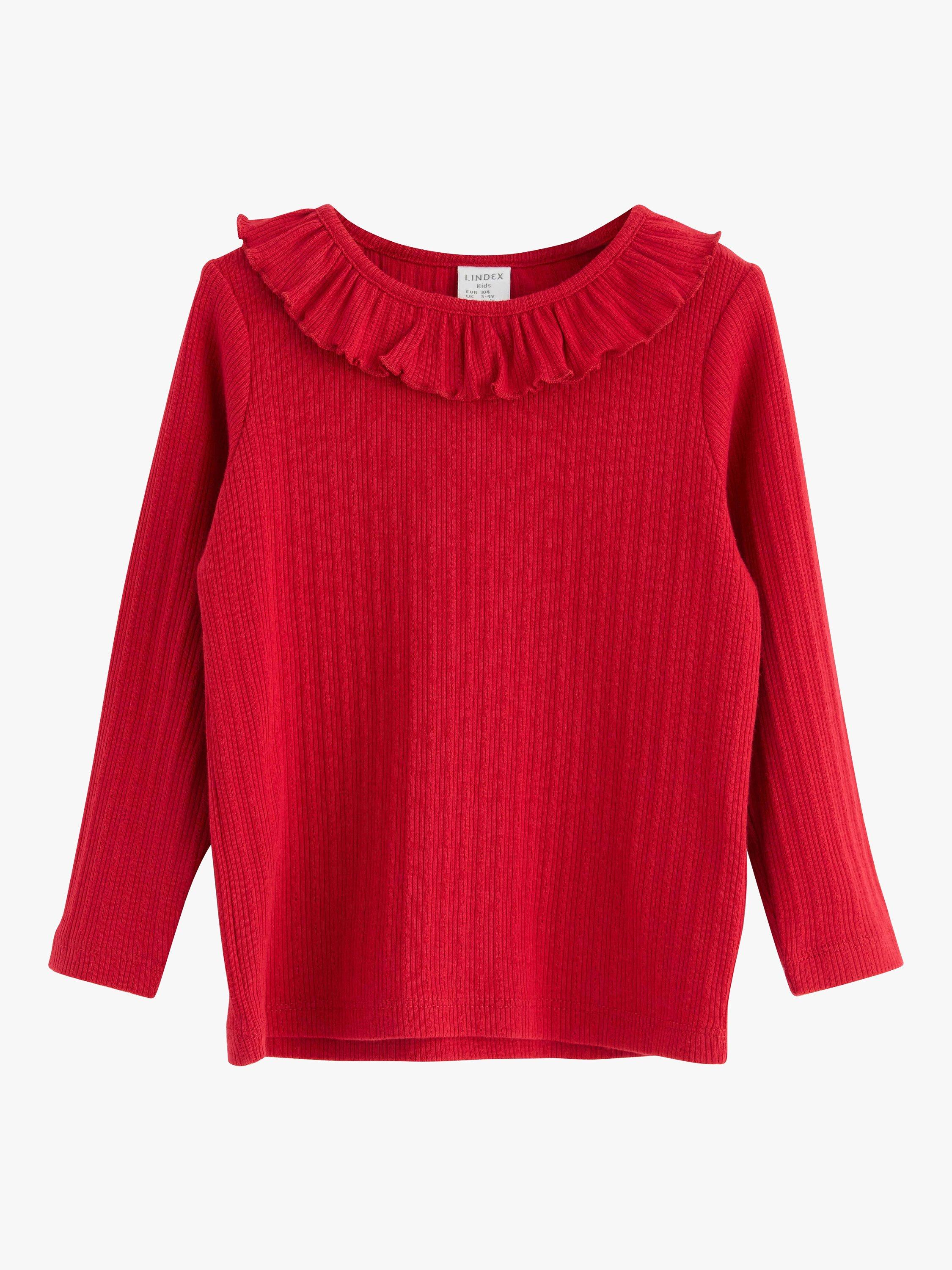 Lindex Kids' Organic Cotton Frill Collar Rib Top, Dark Red