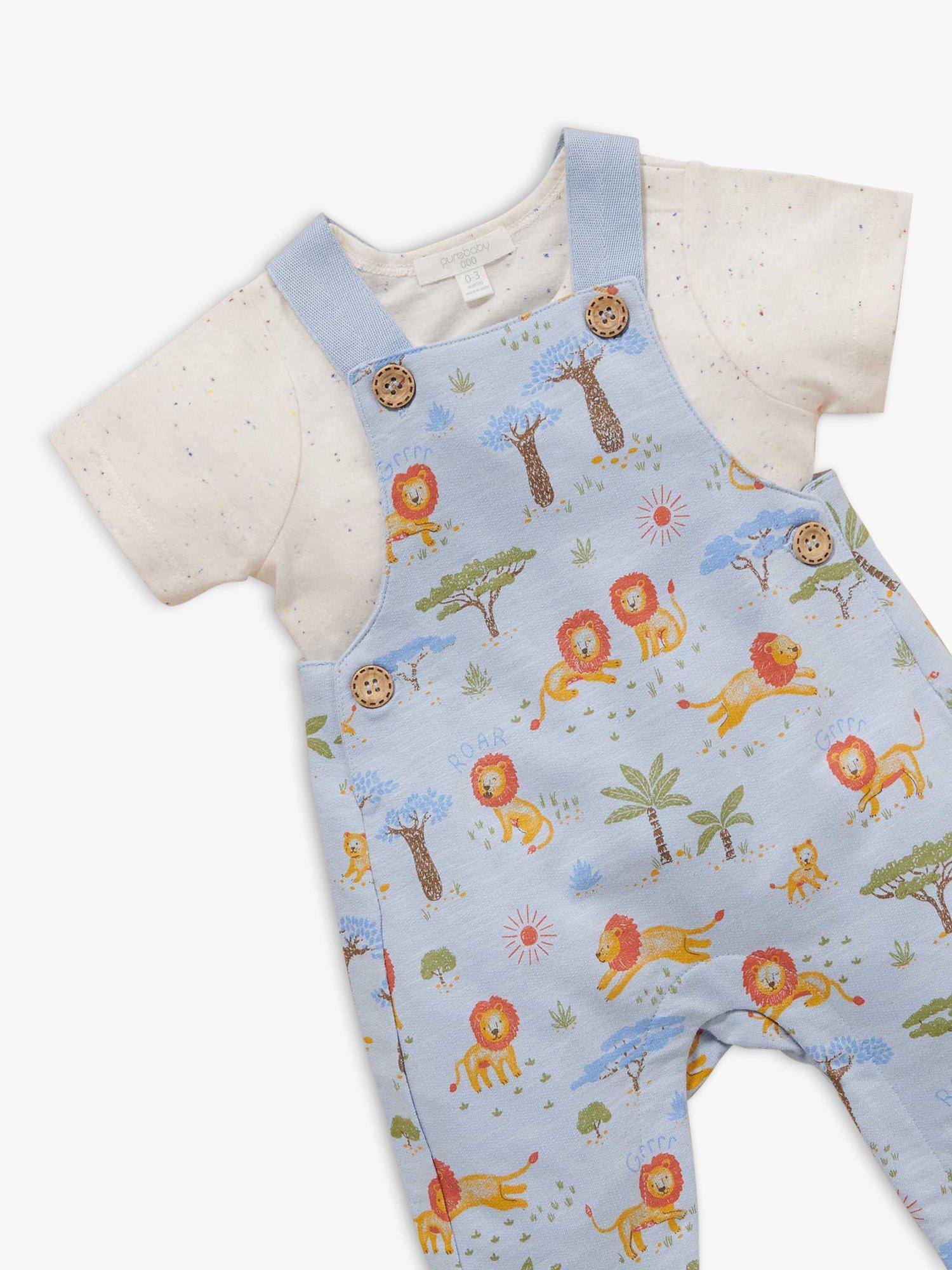 Purebaby Baby Organic Cotton Safari Print Overall & T-Shirt Set, Lion Print, 3-6 months