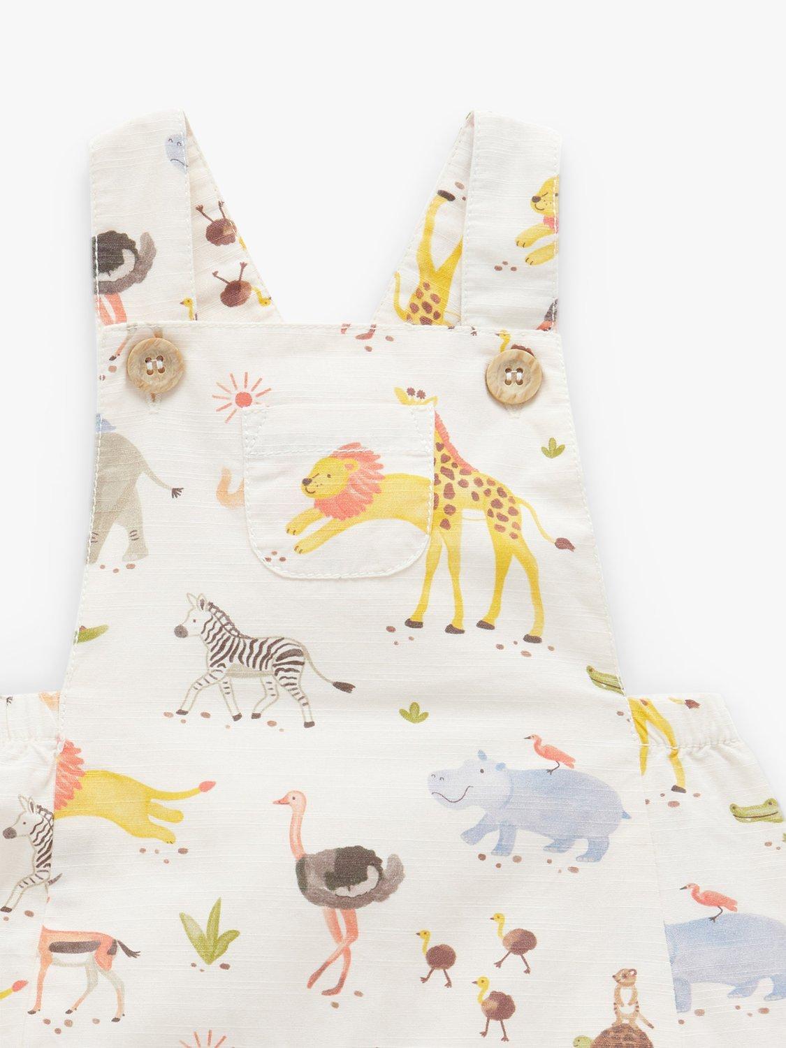 Purebaby Baby Organic Cotton Migrating Animals Short Leg Overalls, Multi, 3-6 months