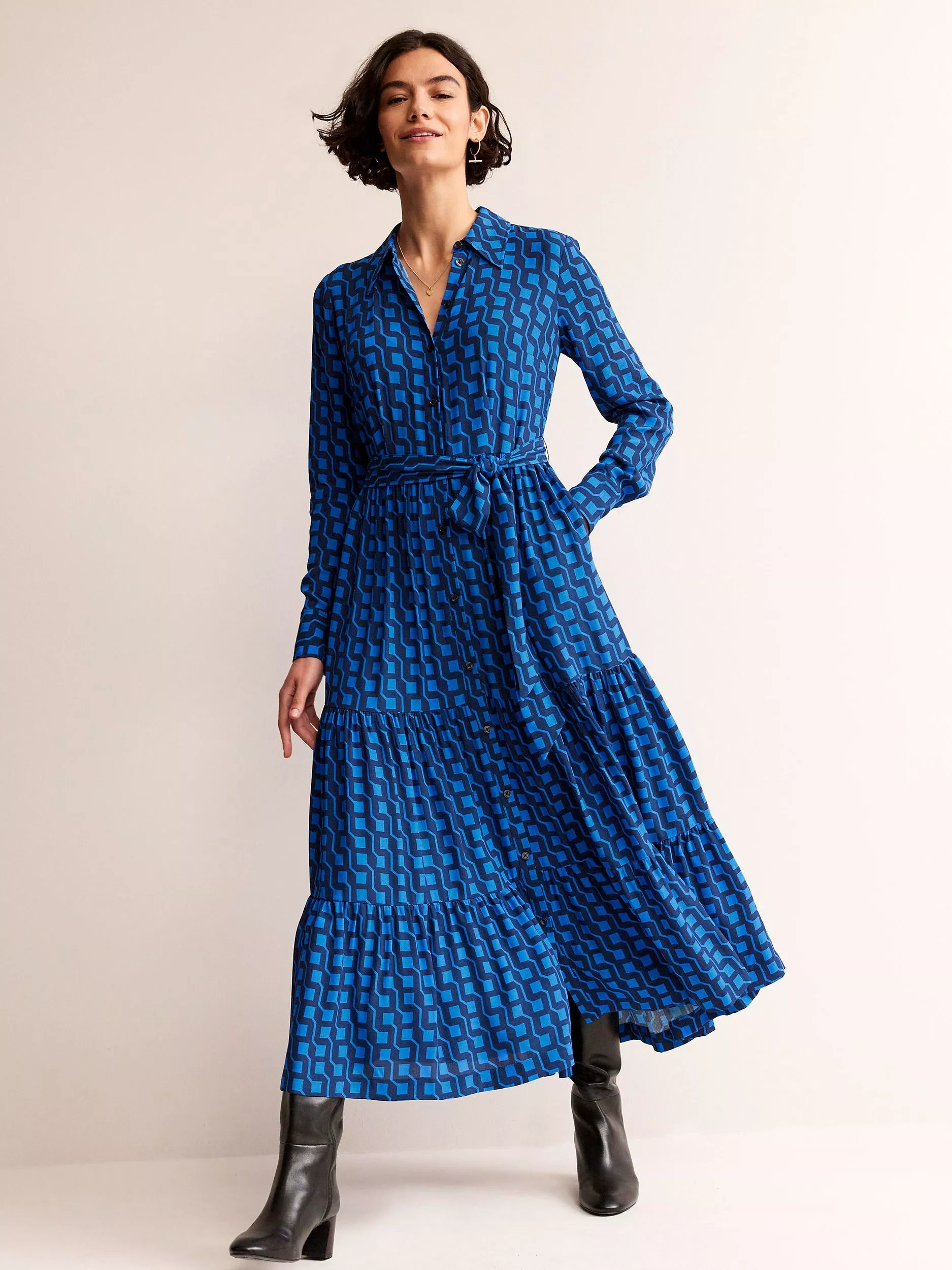 Boden Geometric Cube Tiered Maxi Shirt Dress Cobalt