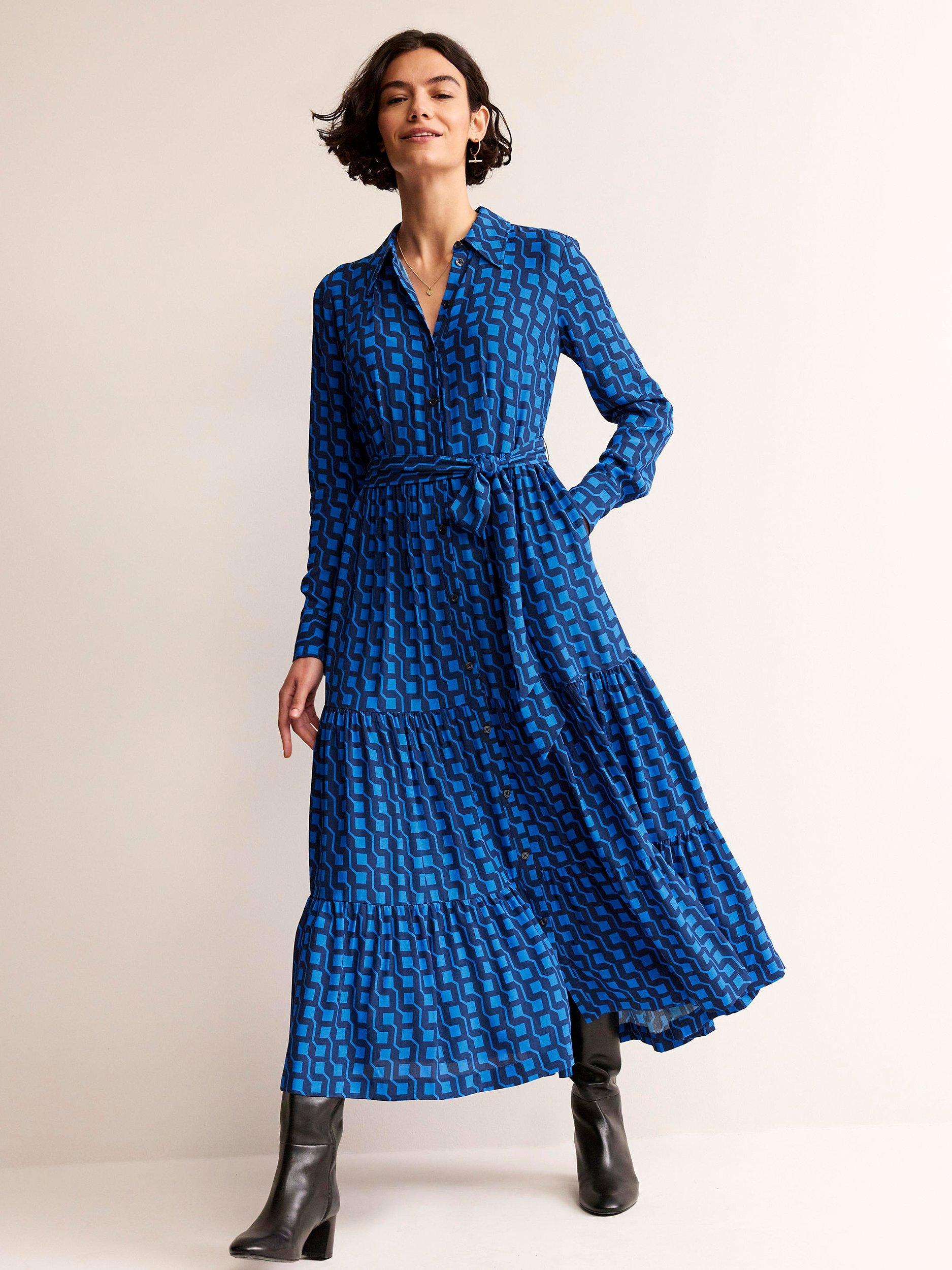 Boden Geometric Cube Tiered Maxi Shirt Dress, Cobalt