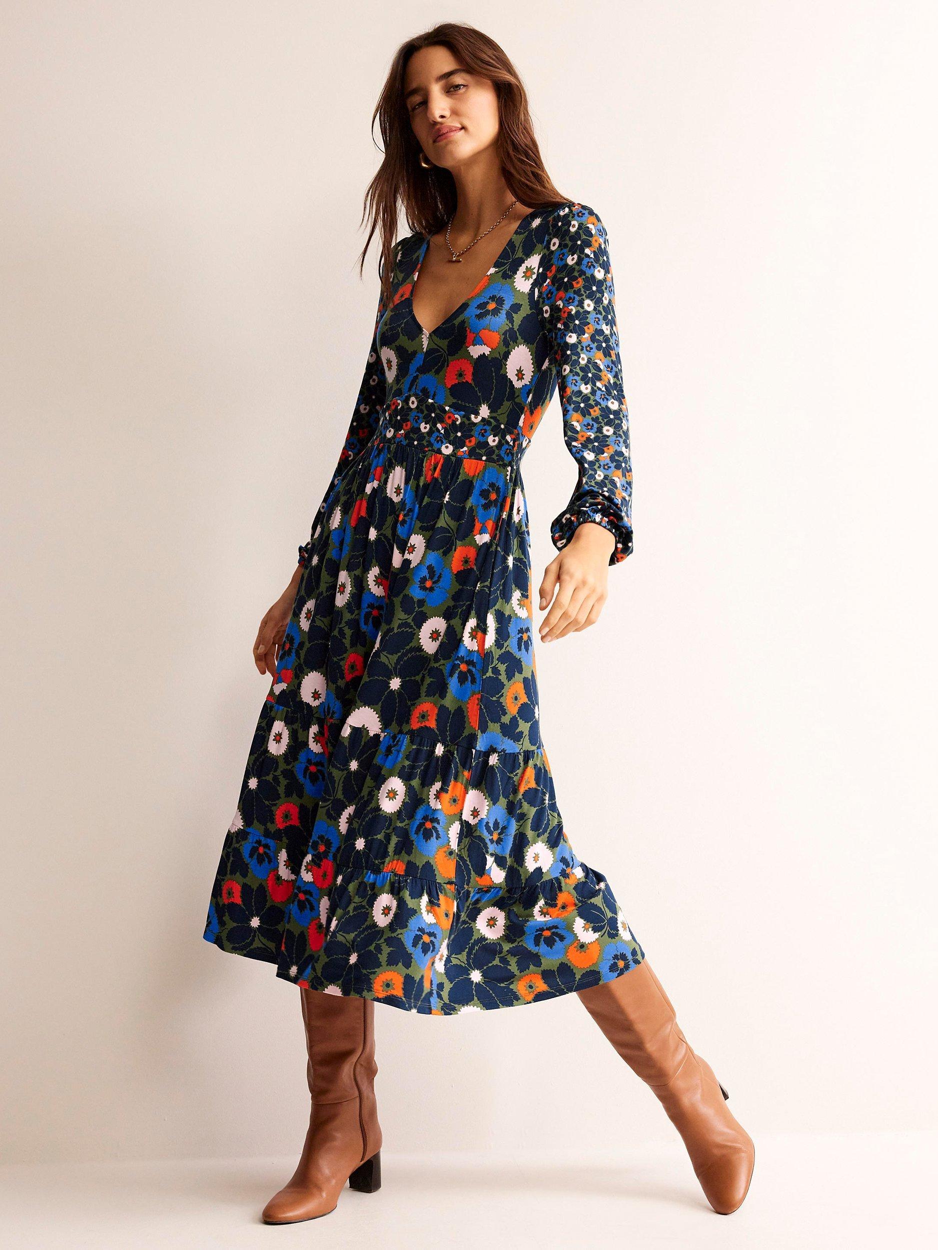 Boden Hotch Floral Potch Midi Dress, Winter Moss/Pop