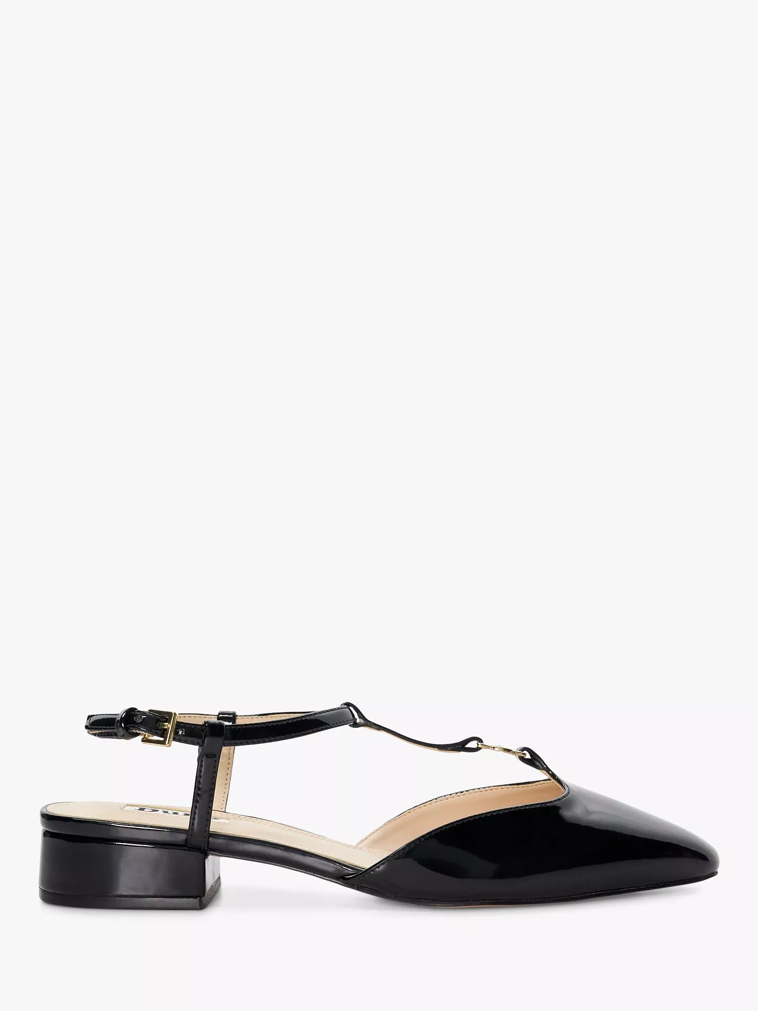 Dune Heya Patent T Bar Open Back Shoes Black