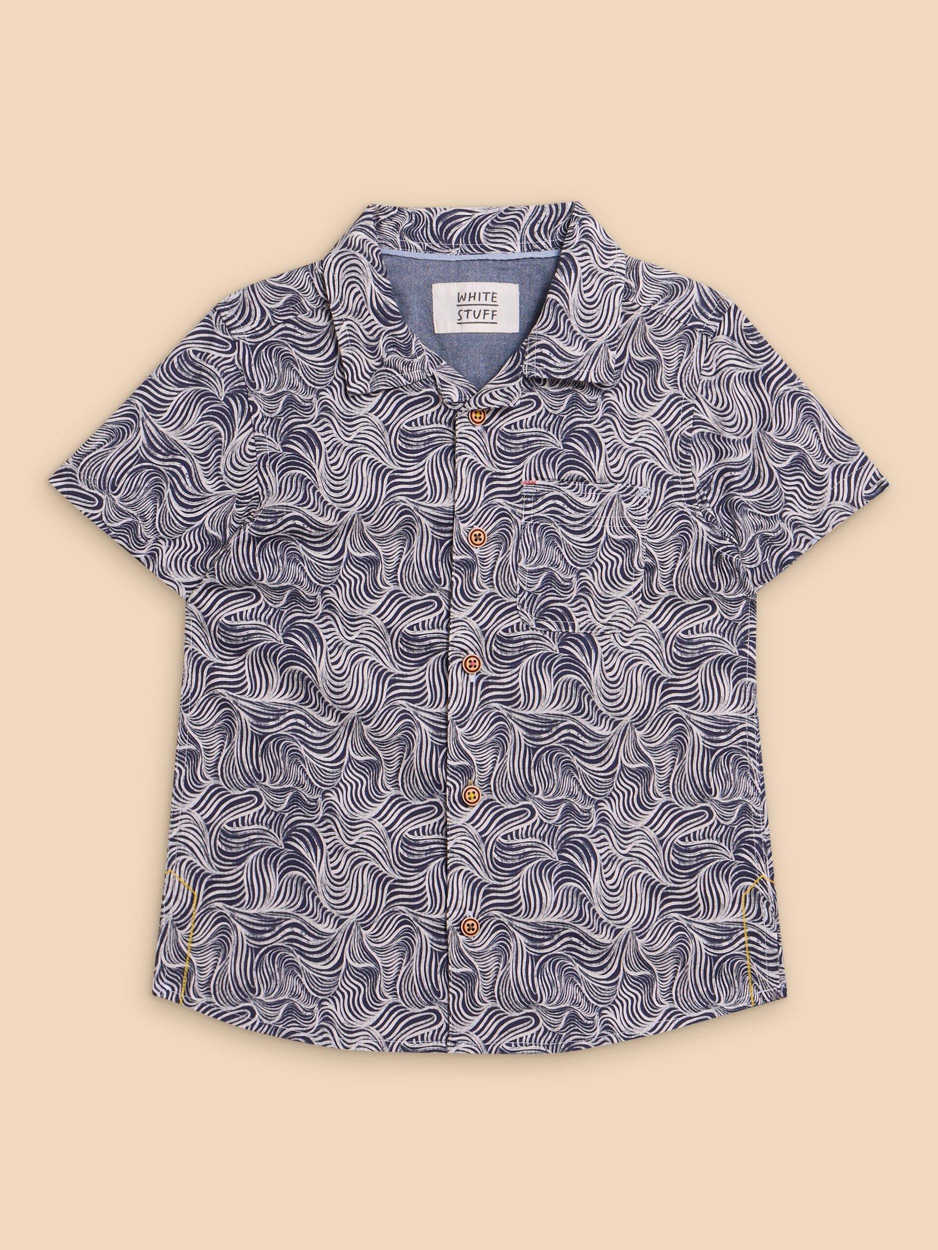 White Stuff Kids' Mini Waves Print Short Sleeve Shirt, Navy