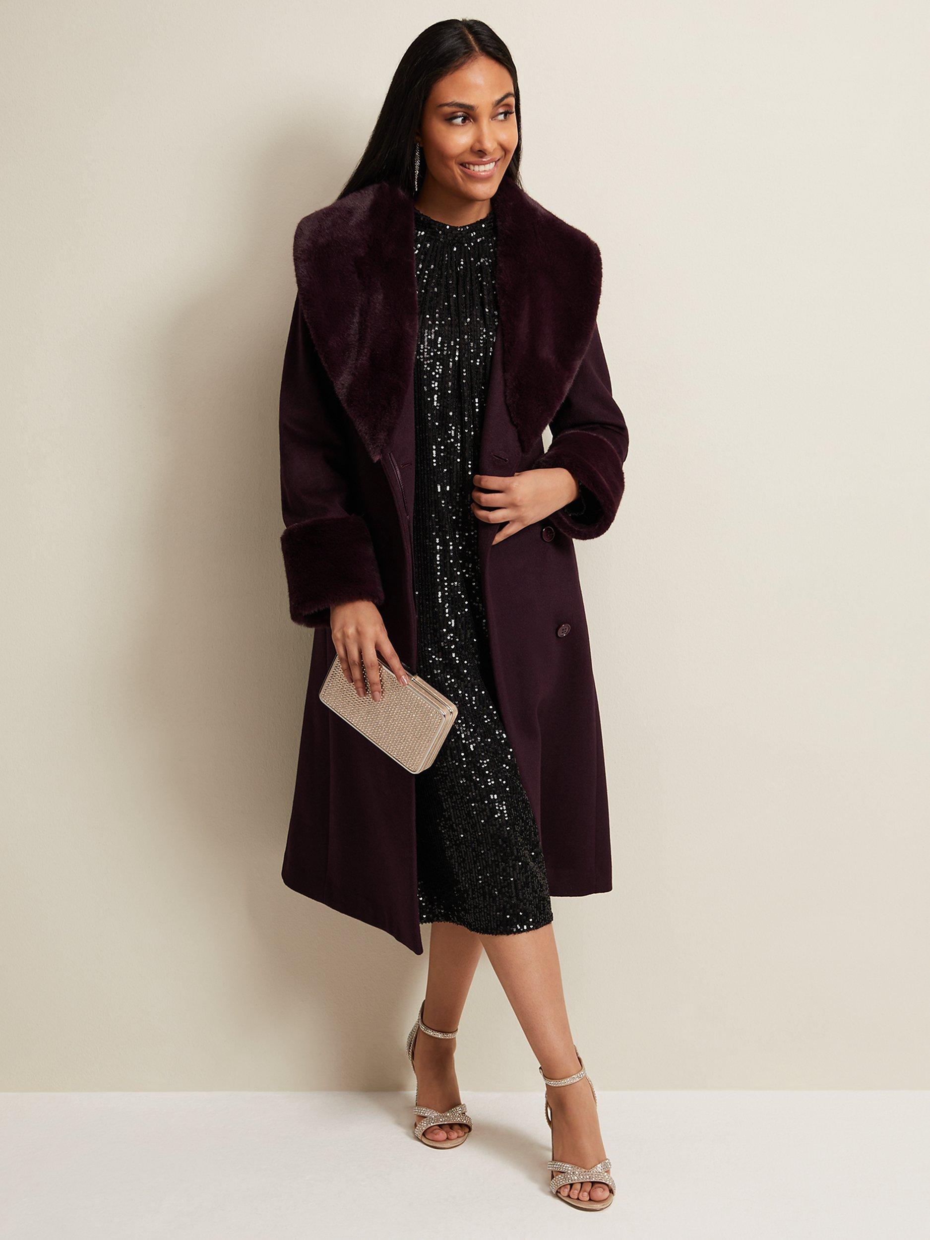 Phase Eight Petite Zylah Wool Blend Faux Fur Collar Smart Coat Burgundy