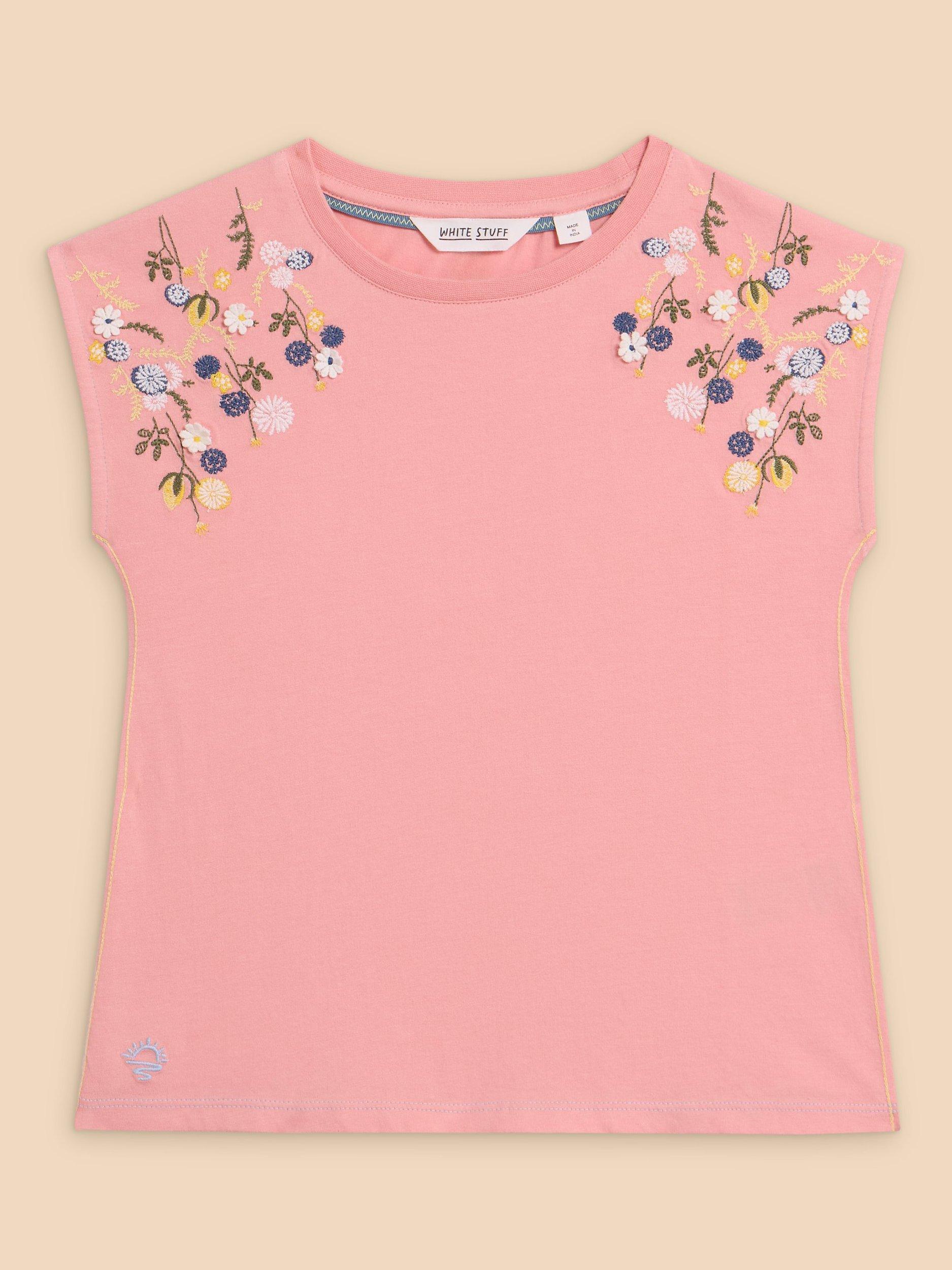 Product image 1 of 3, which shows White Stuff Kids' Embroidered Sleeveless Top, Pink, 3-4 years