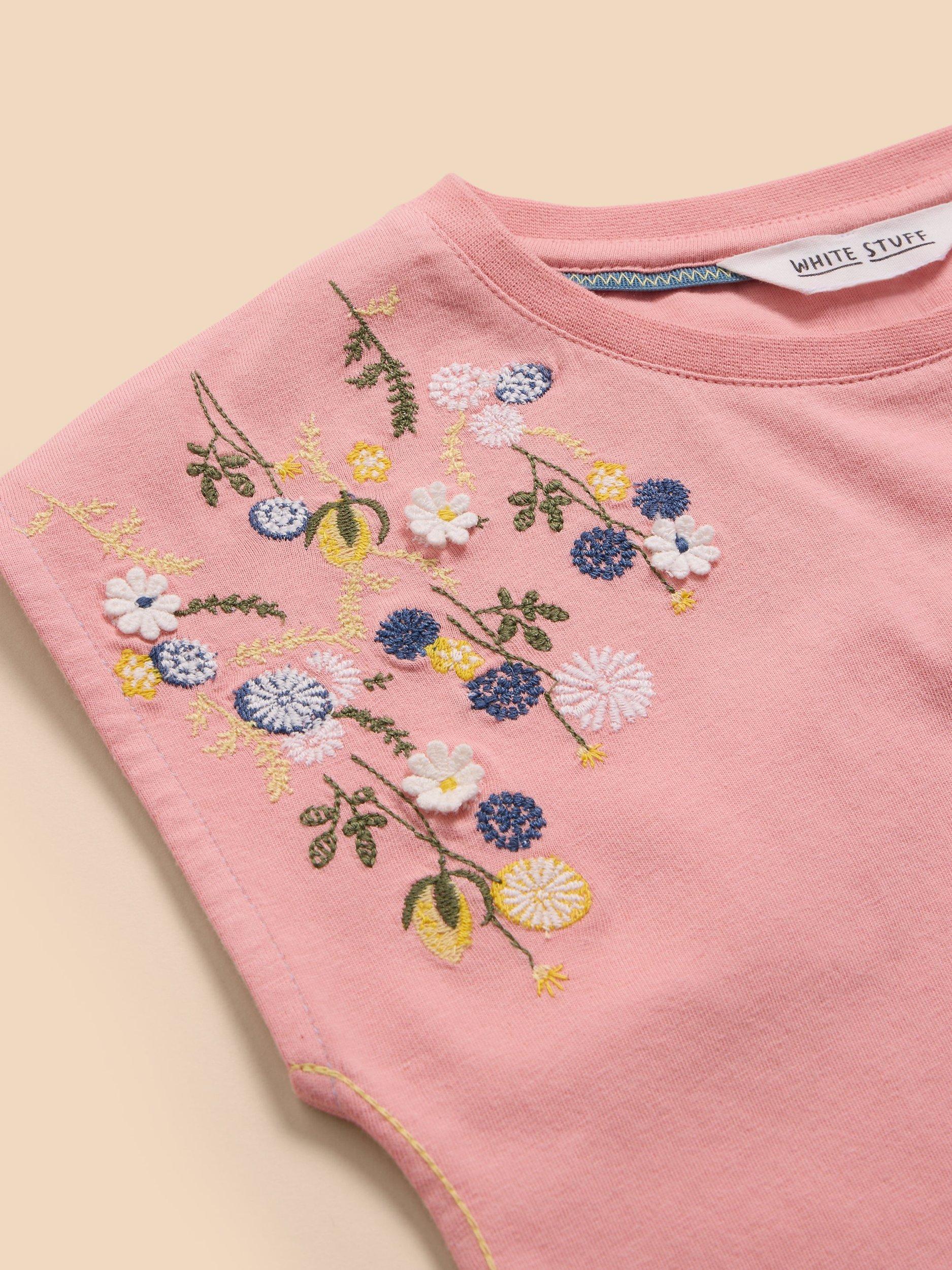Product image 2 of 3, which shows White Stuff Kids' Embroidered Sleeveless Top, Pink, 3-4 years