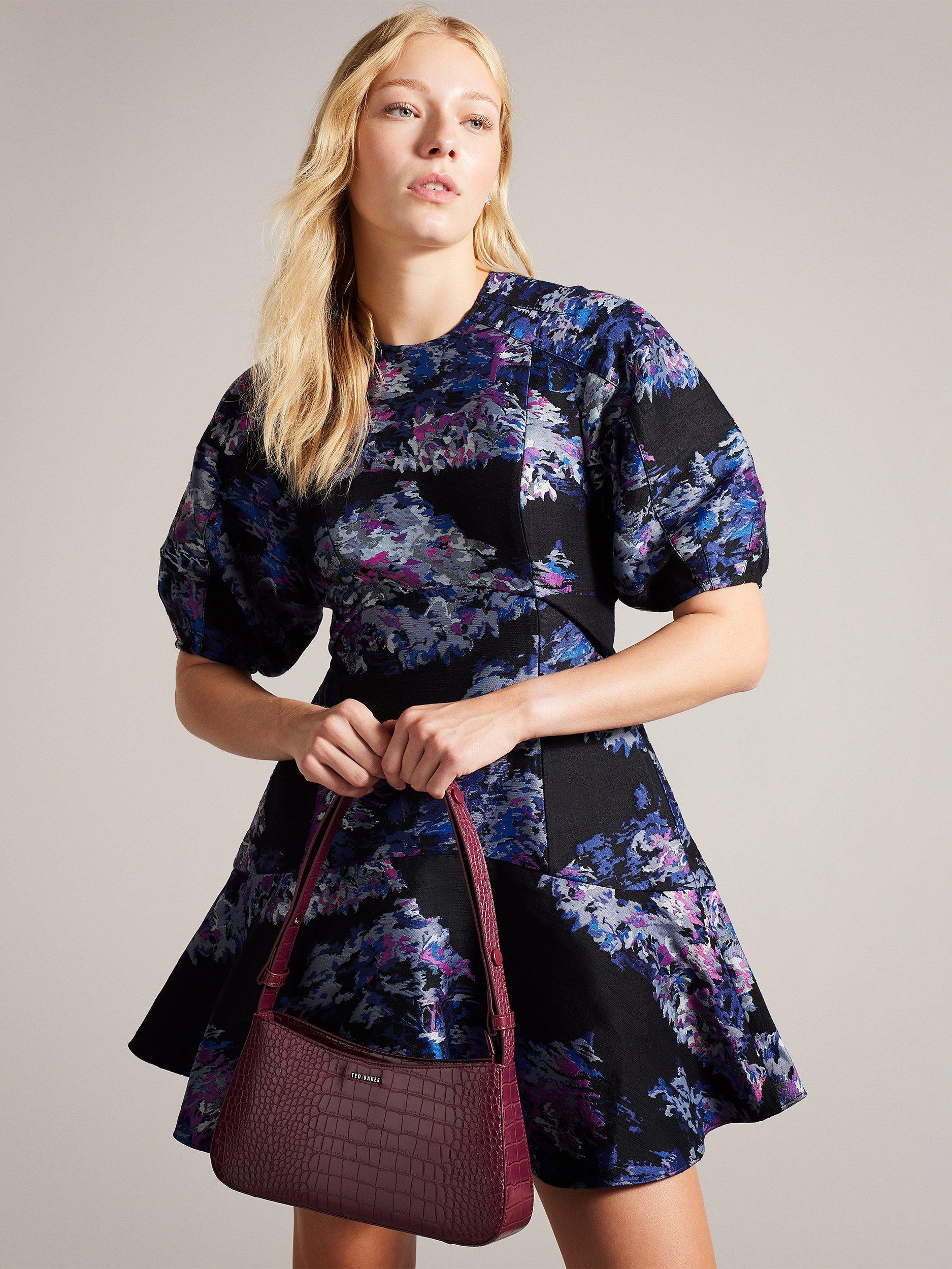 Ted Baker Wilbur Puff Sleeve Jacquard Midi Dress Dark Purple