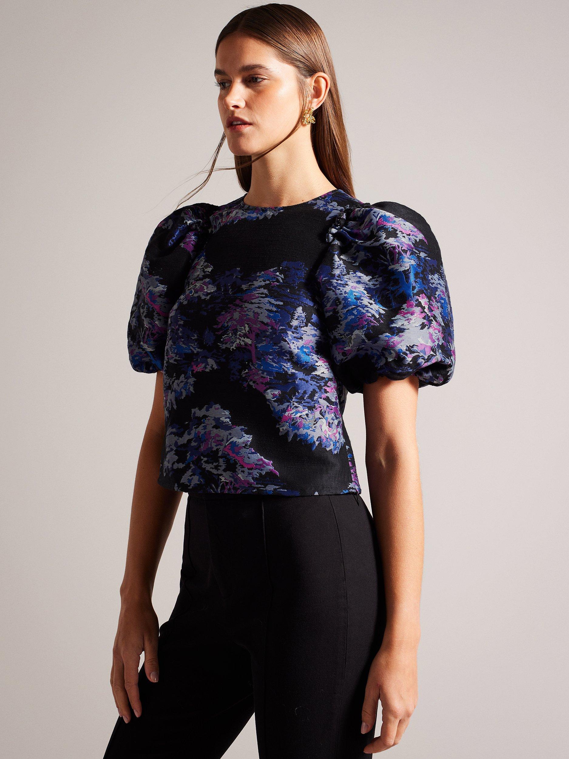 Ted Baker Olliiey Jacquard Puff Sleeve Crop Top, Black