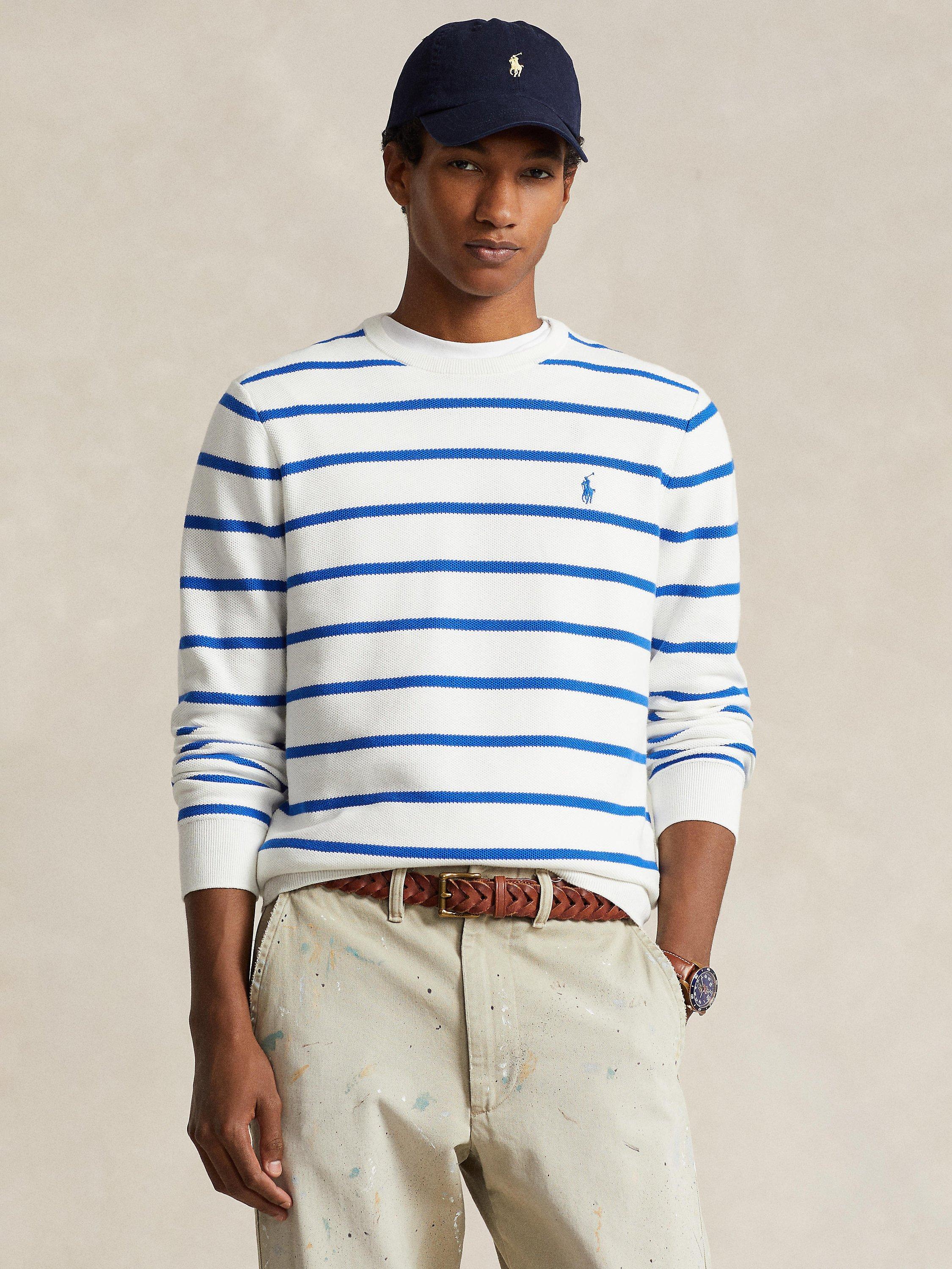 Ralph Lauren Striped Mesh-Knit Jumper, Cream/Blue