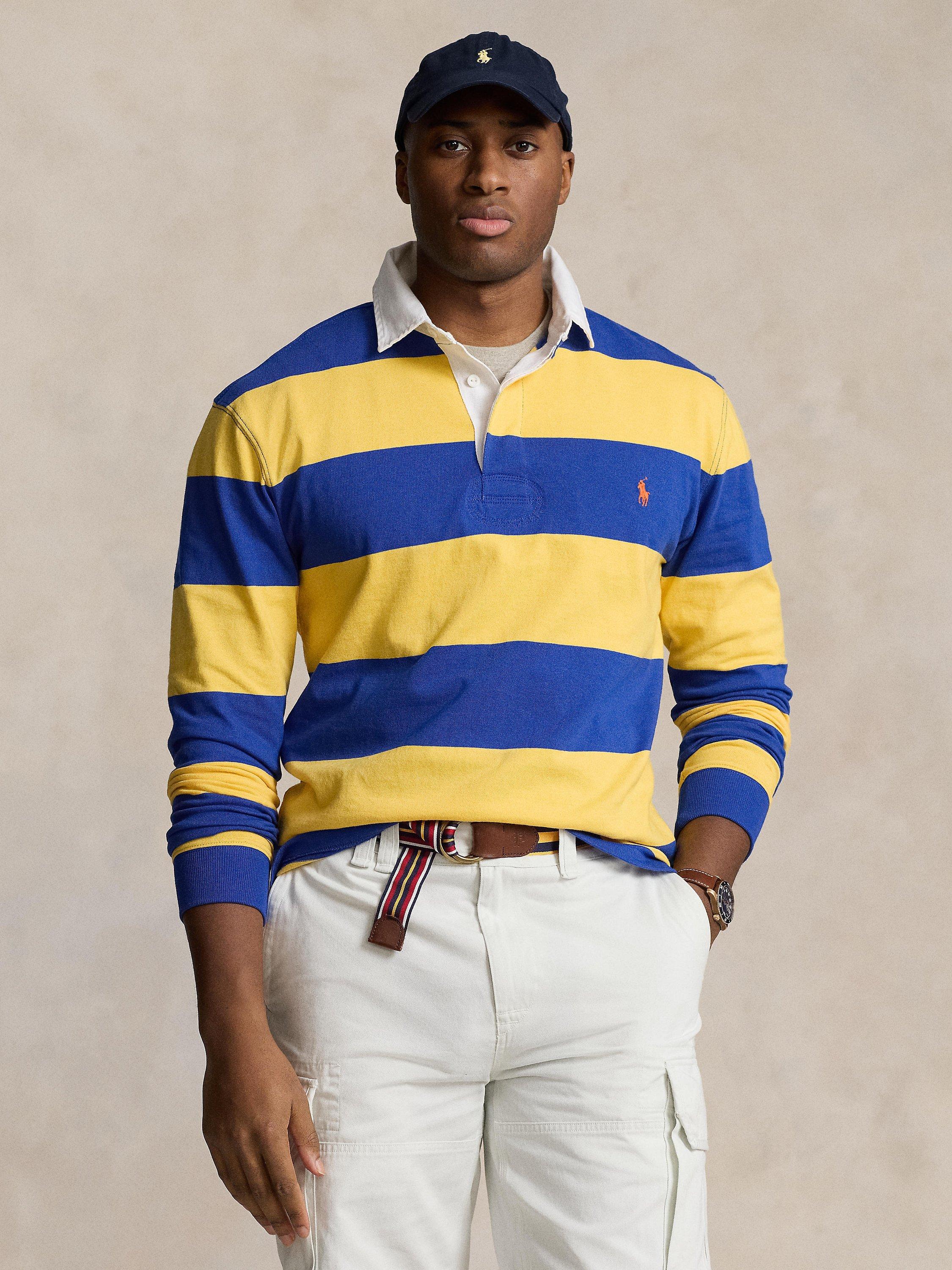 Ralph Lauren Big & Tall Stripe Rugby Shirt, Chrome Yellow/Cruise Royal Blue