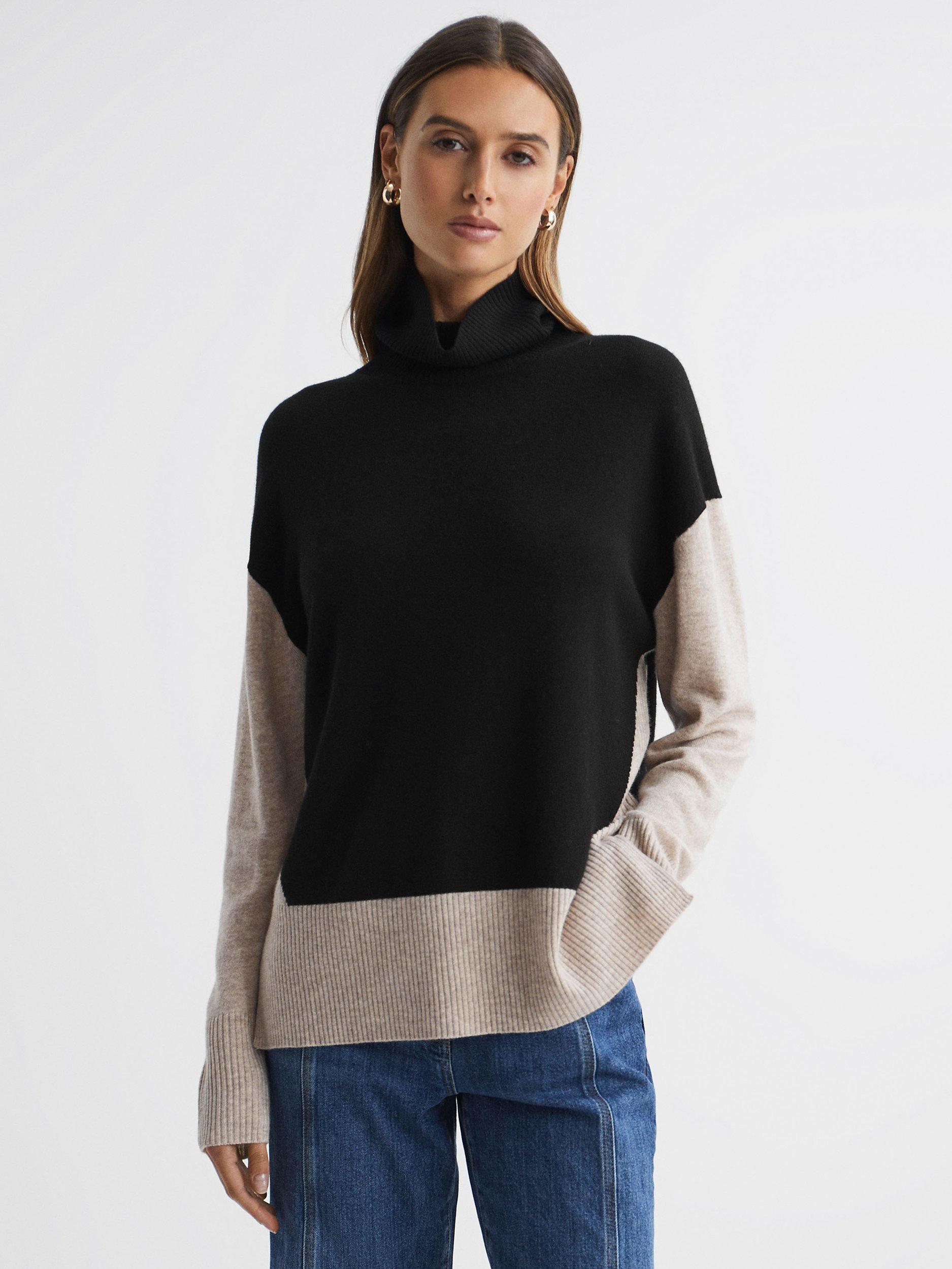 Reiss Alexis Wool Cashmere Blend Roll-Neck Colourblock Jumper, Stone/Black