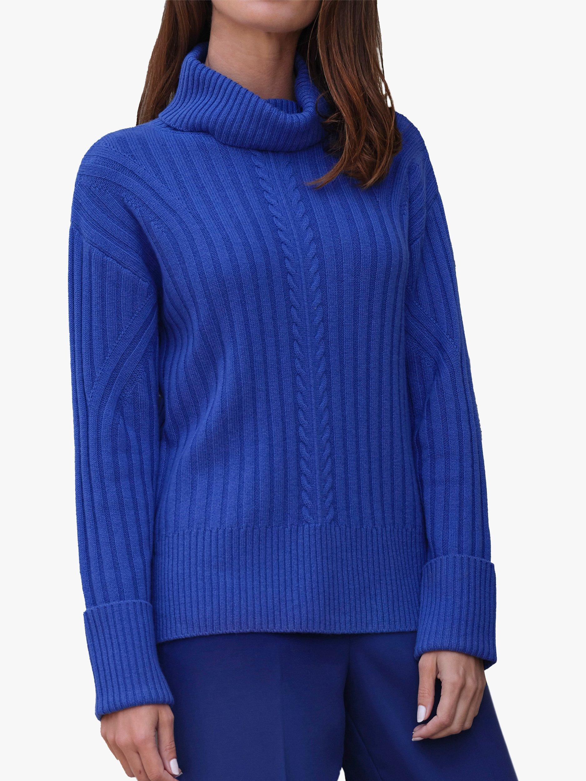 Pure Collection Wool Cashmere Blend Rib Knit Roll Neck Jumper Cobalt