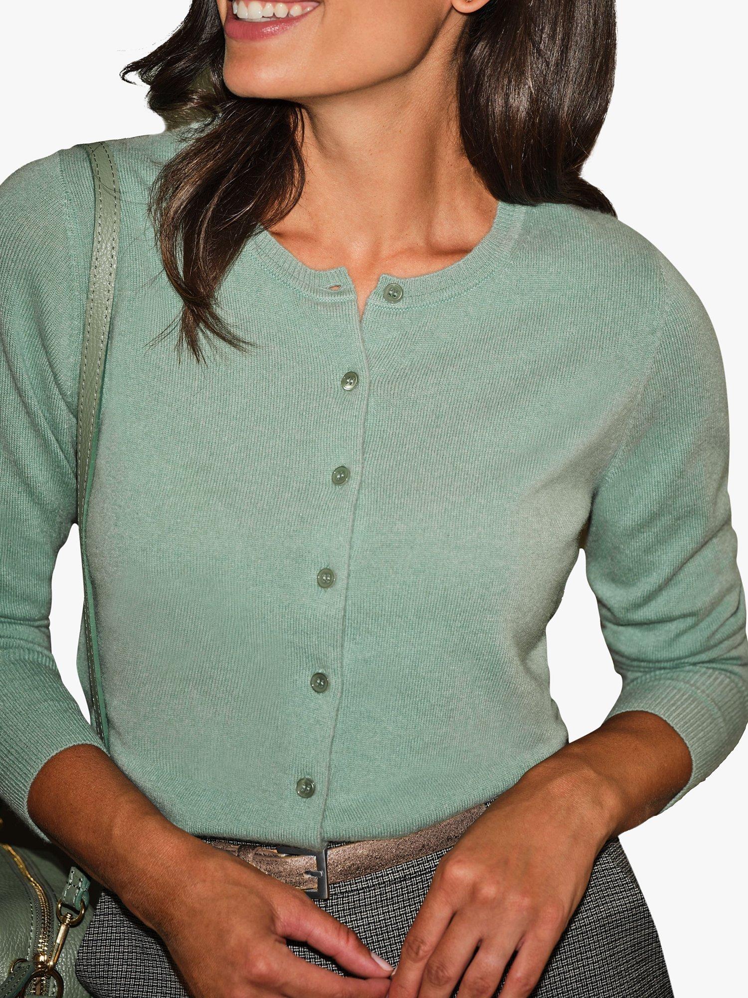 Product image 3 of 3, which shows Pure Collection Crew Neck Cashmere Cardigan, Soft Fern, 8
