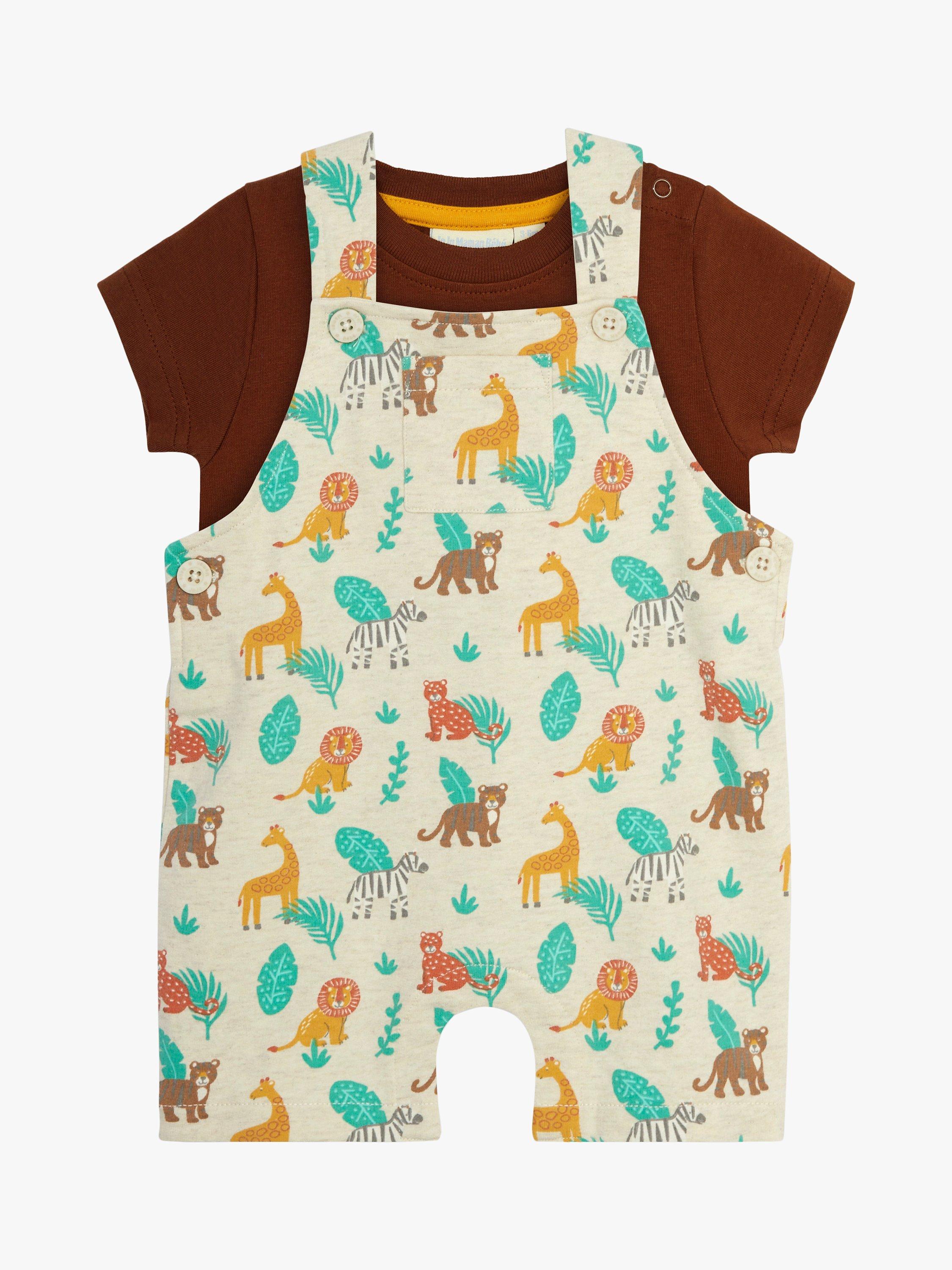JoJo Maman Bébé Baby Safari Print Dungarees & T-Shirt Set, Natural/Multi