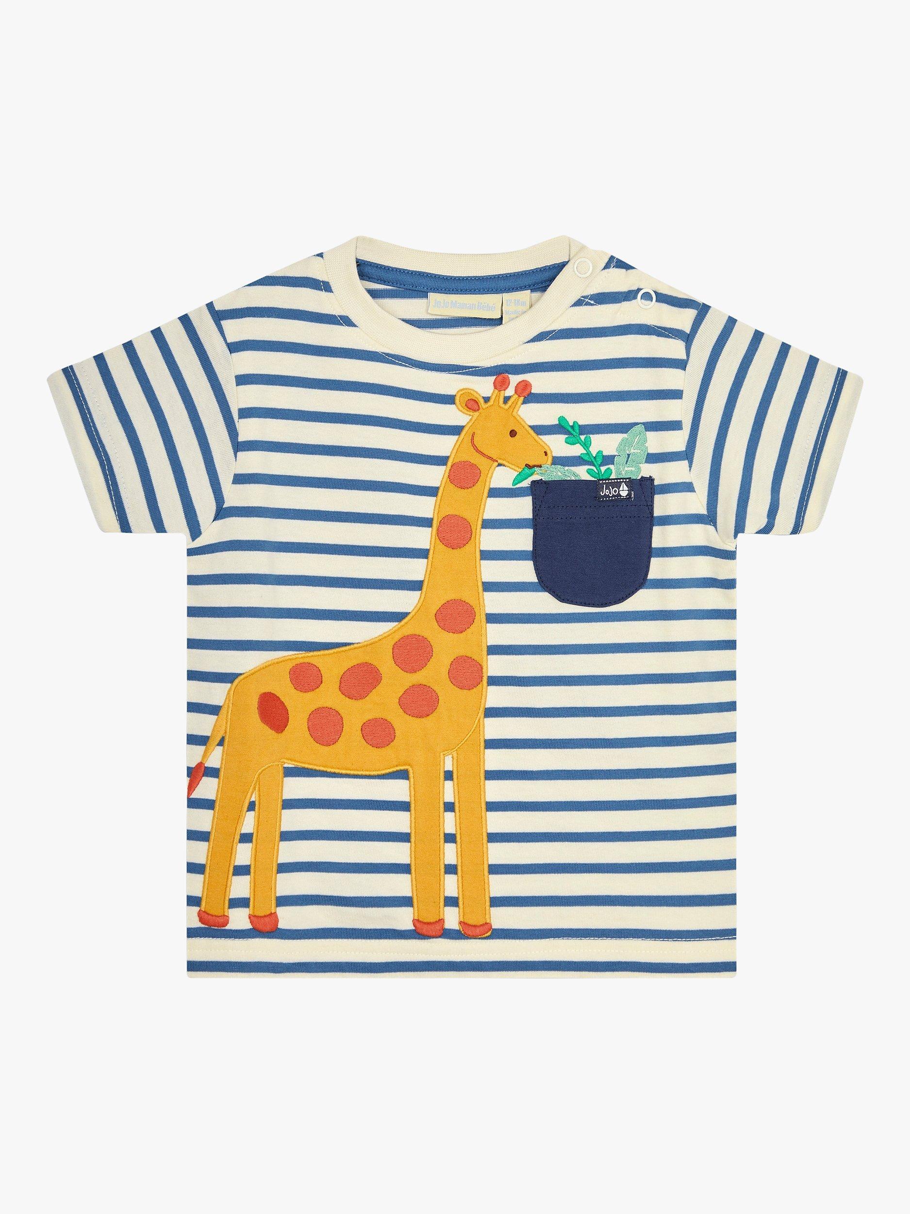 JoJo Maman Bébé Baby Giraffe Appliqué Stripe T-Shirt & Shorts Set, Navy/Multi, 6-7 years