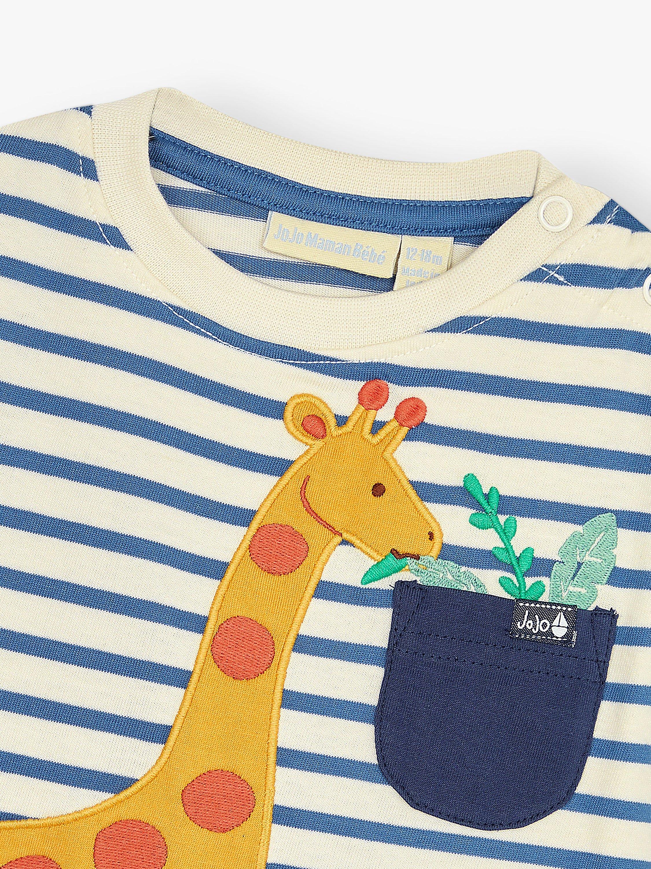 JoJo Maman Bébé Baby Giraffe Appliqué Stripe T-Shirt & Shorts Set, Navy/Multi, 6-7 years