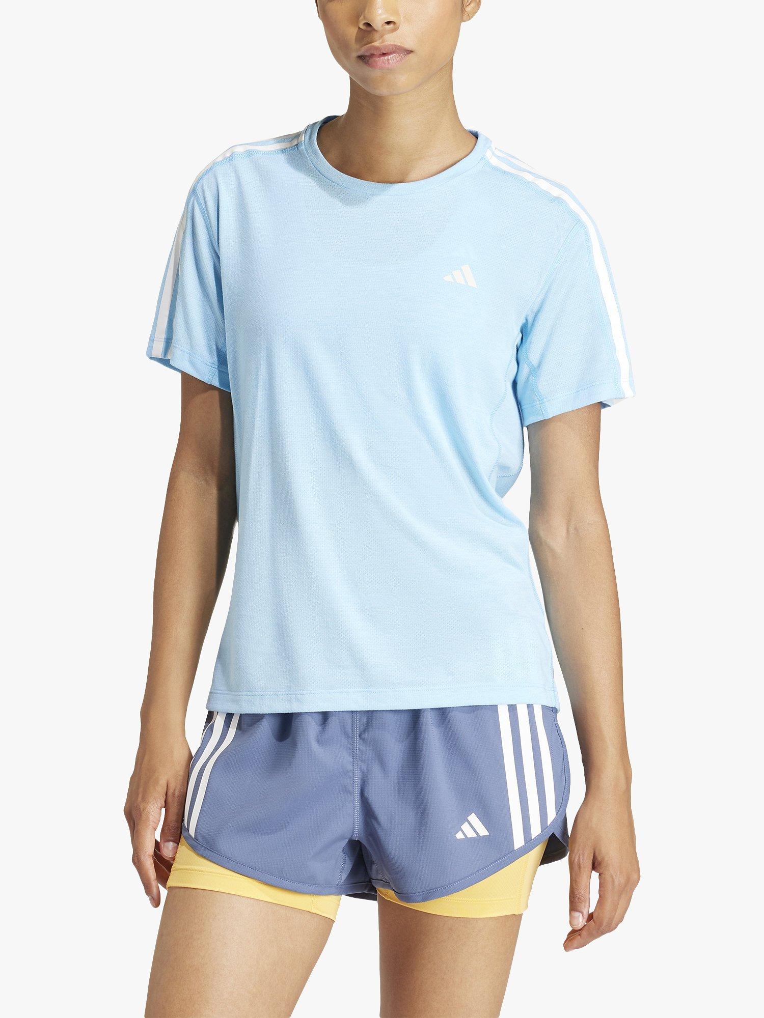 adidas Own The Run 3 Stripes T-Shirt, Blue/White