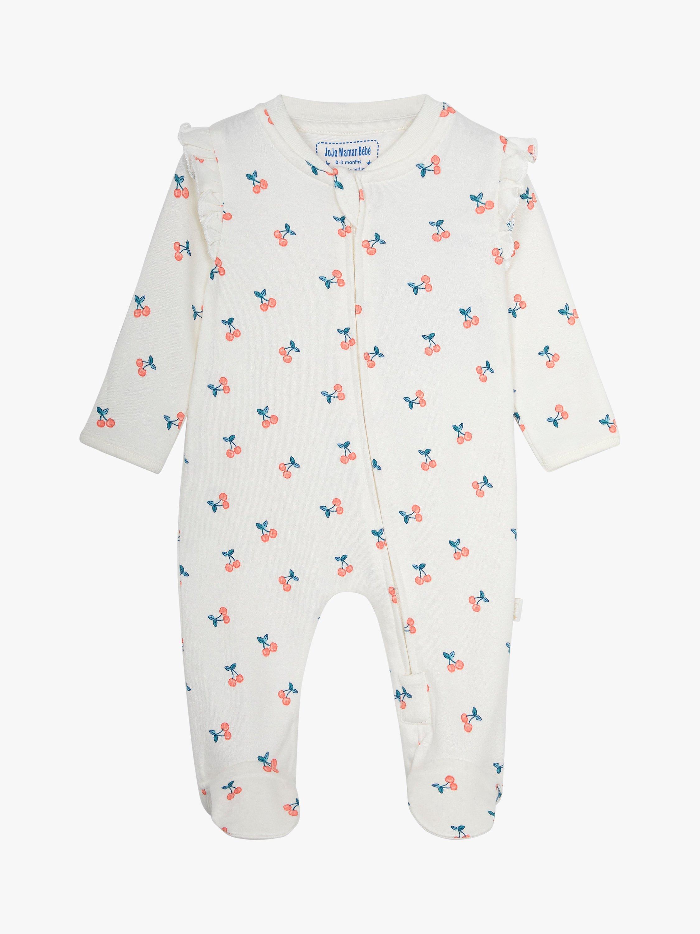 JoJo Maman Bébé Baby Cotton Cherry Print Zip Through Sleepsuit, Cream