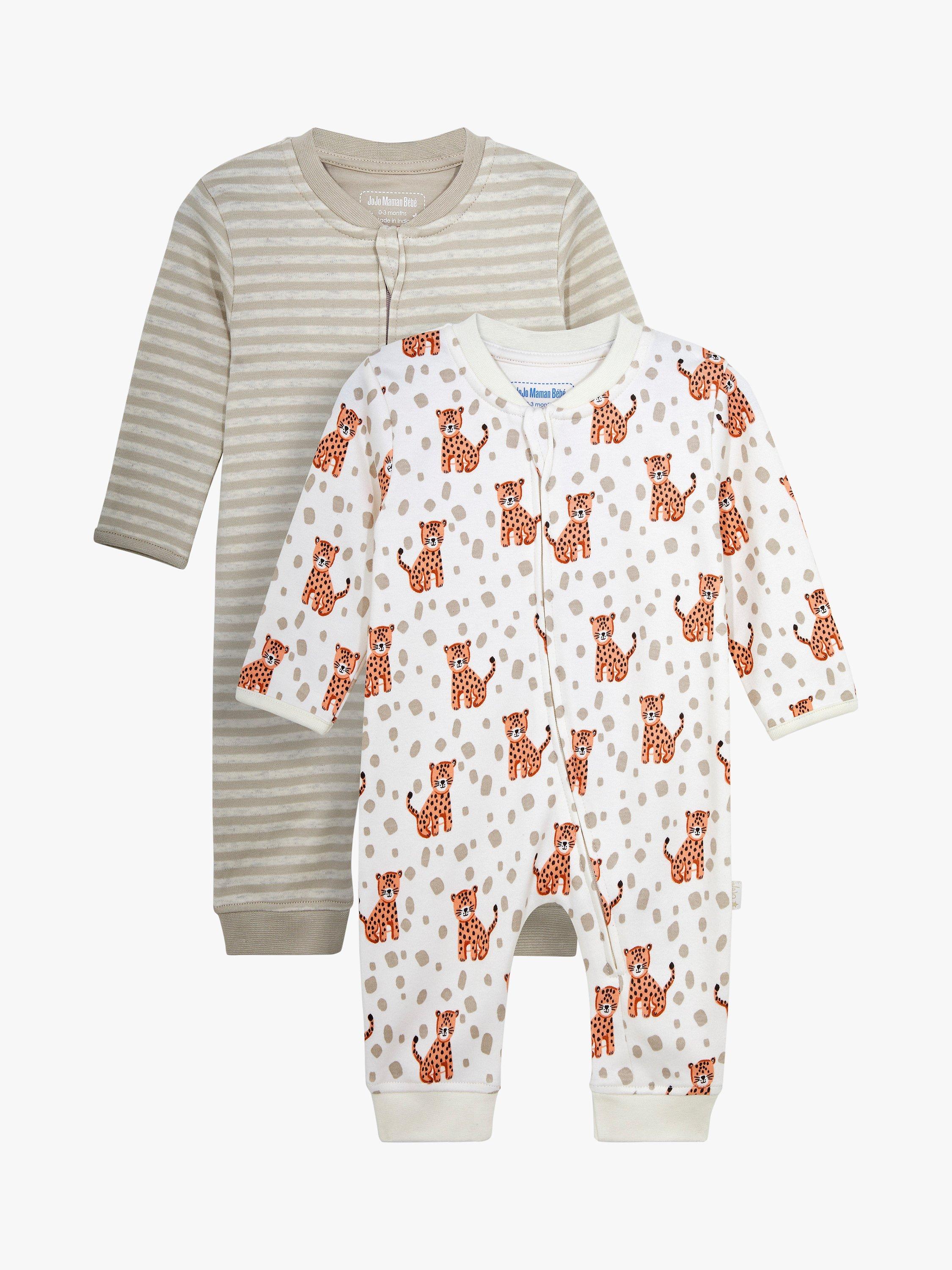 JoJo Maman Bébé Tiger Print and Stripe Sleepsuits, Pack of 2, Cream/Multi
