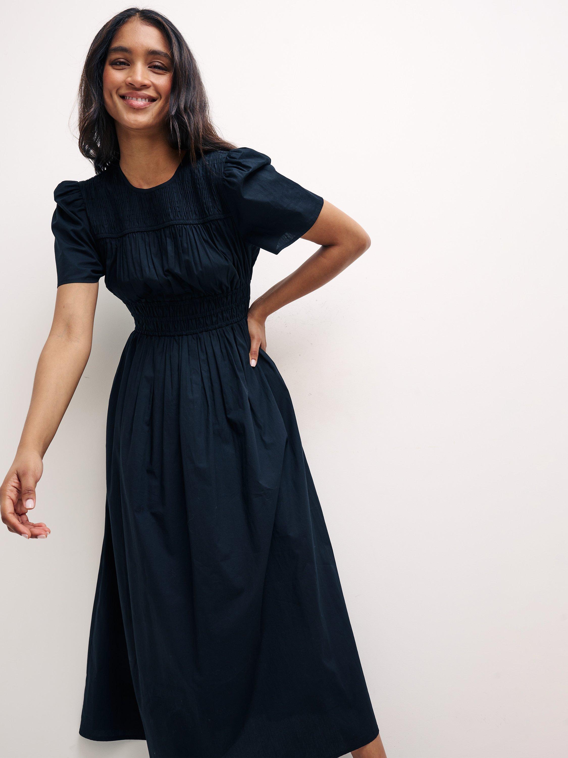 Product image 2 of 4, which shows Nobody's Child Natalia Organic Cotton Shirred Maxi Dress, Black, 6