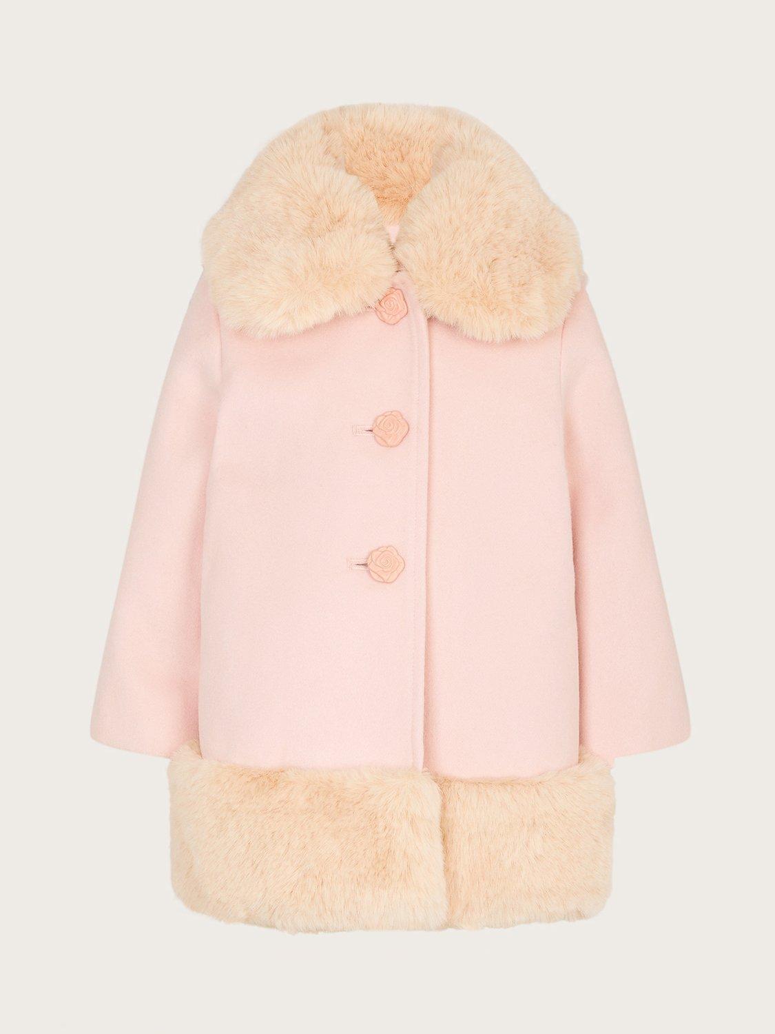 Monsoon Baby Fur Trim Coat, Pale Pink
