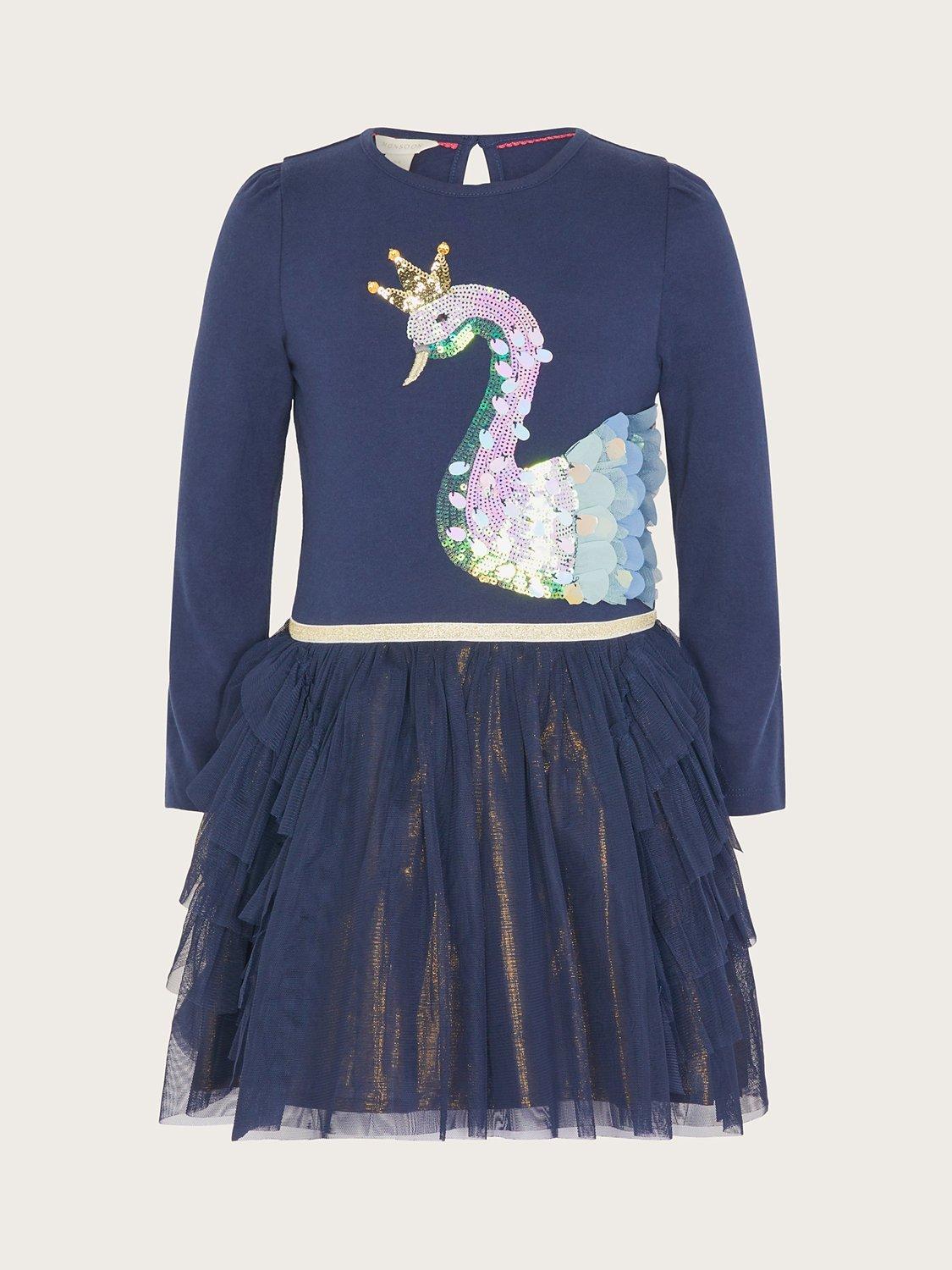 Monsoon Kids' Sequin Swan Disco Dress, Navy