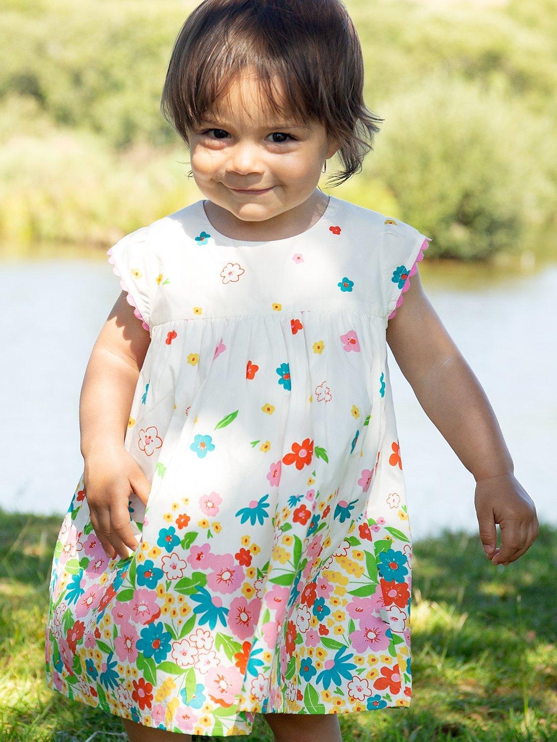 Frugi Baby Elowen Organic Cotton Floral Print Dress, Soft White