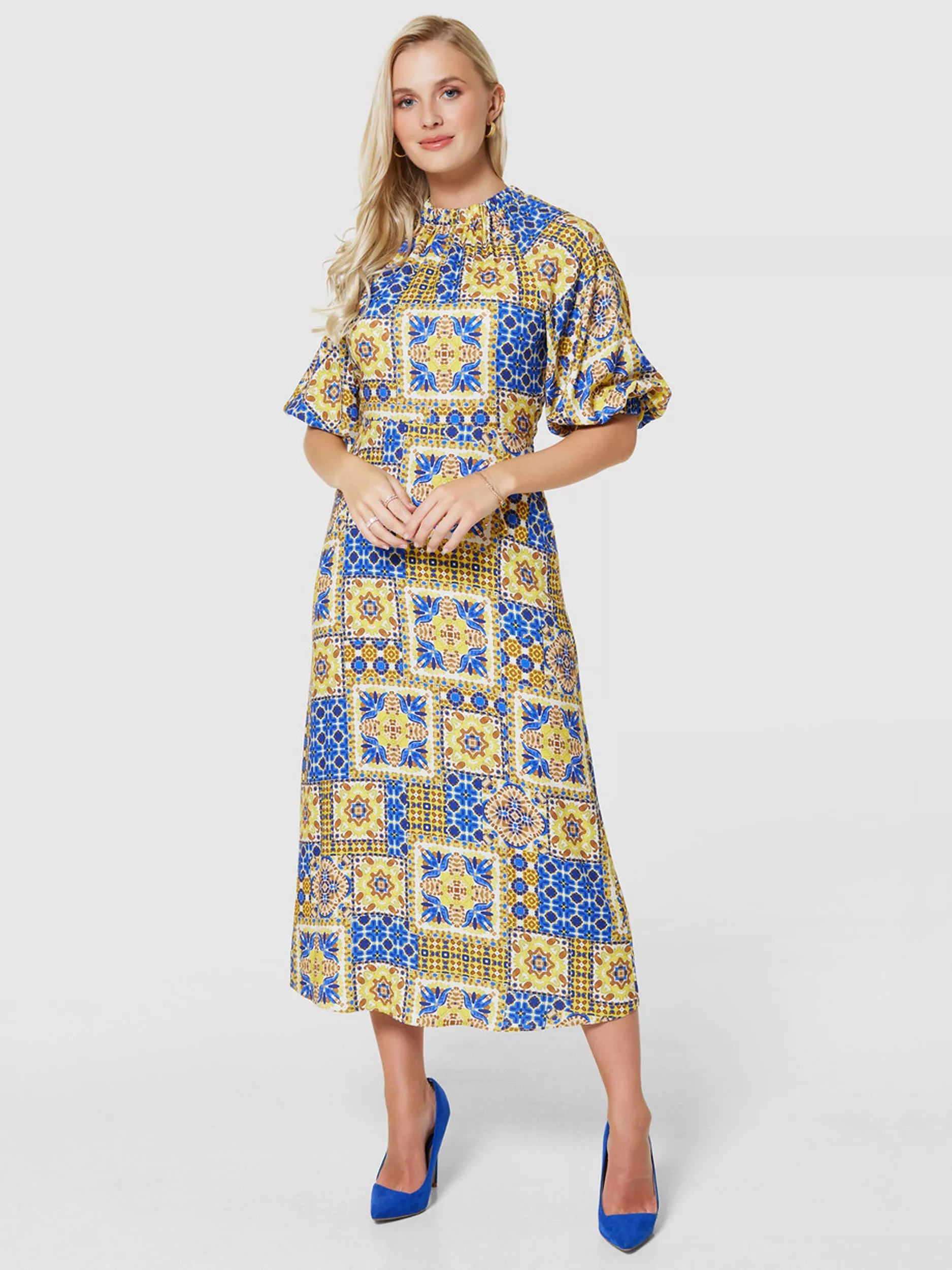 Closet London Tile Print Midi Dress Yellow