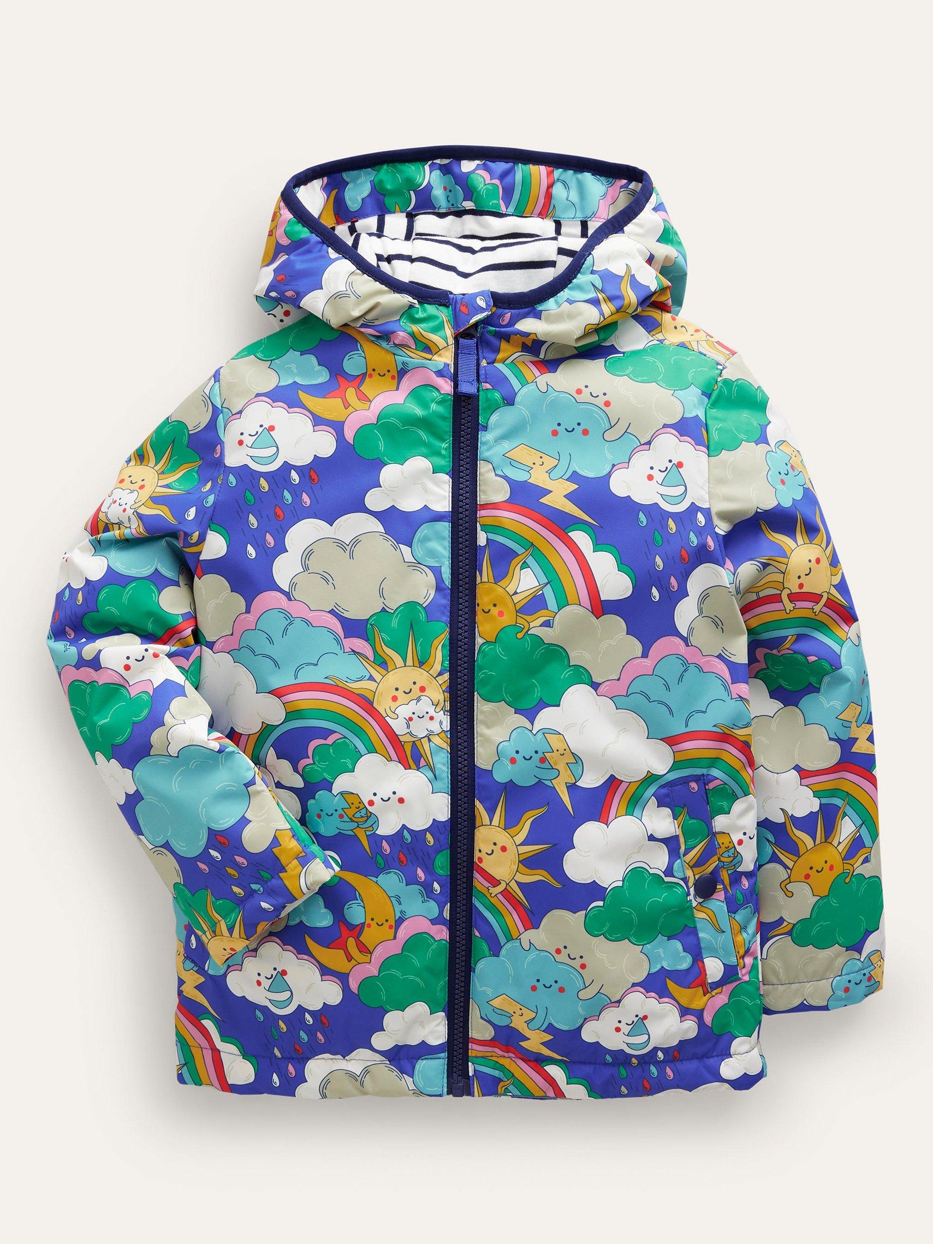 Mini Boden Kids' Rainbow Weather Jersey Lined Anorak, Blue Heron/Multi