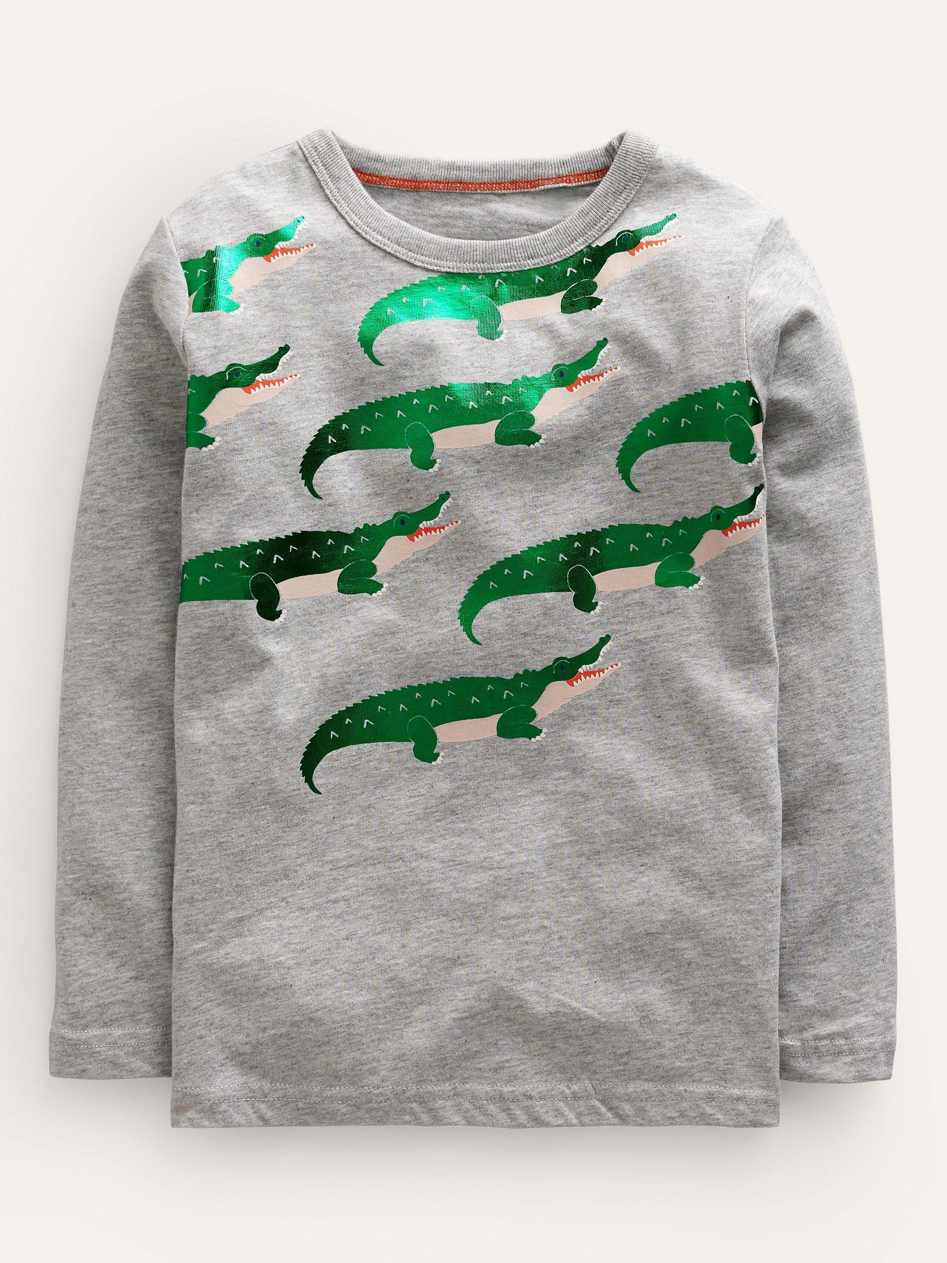 Mini Boden Kids' Crocodile Foil Print T-Shirt, Grey Marl