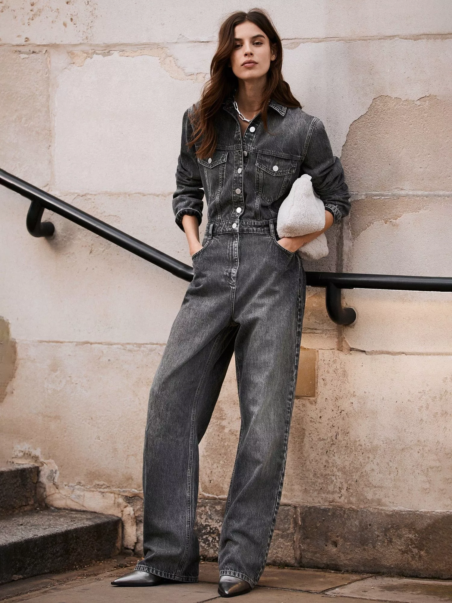 Mint Velvet Cotton Washed Denim Jumpsuit Grey