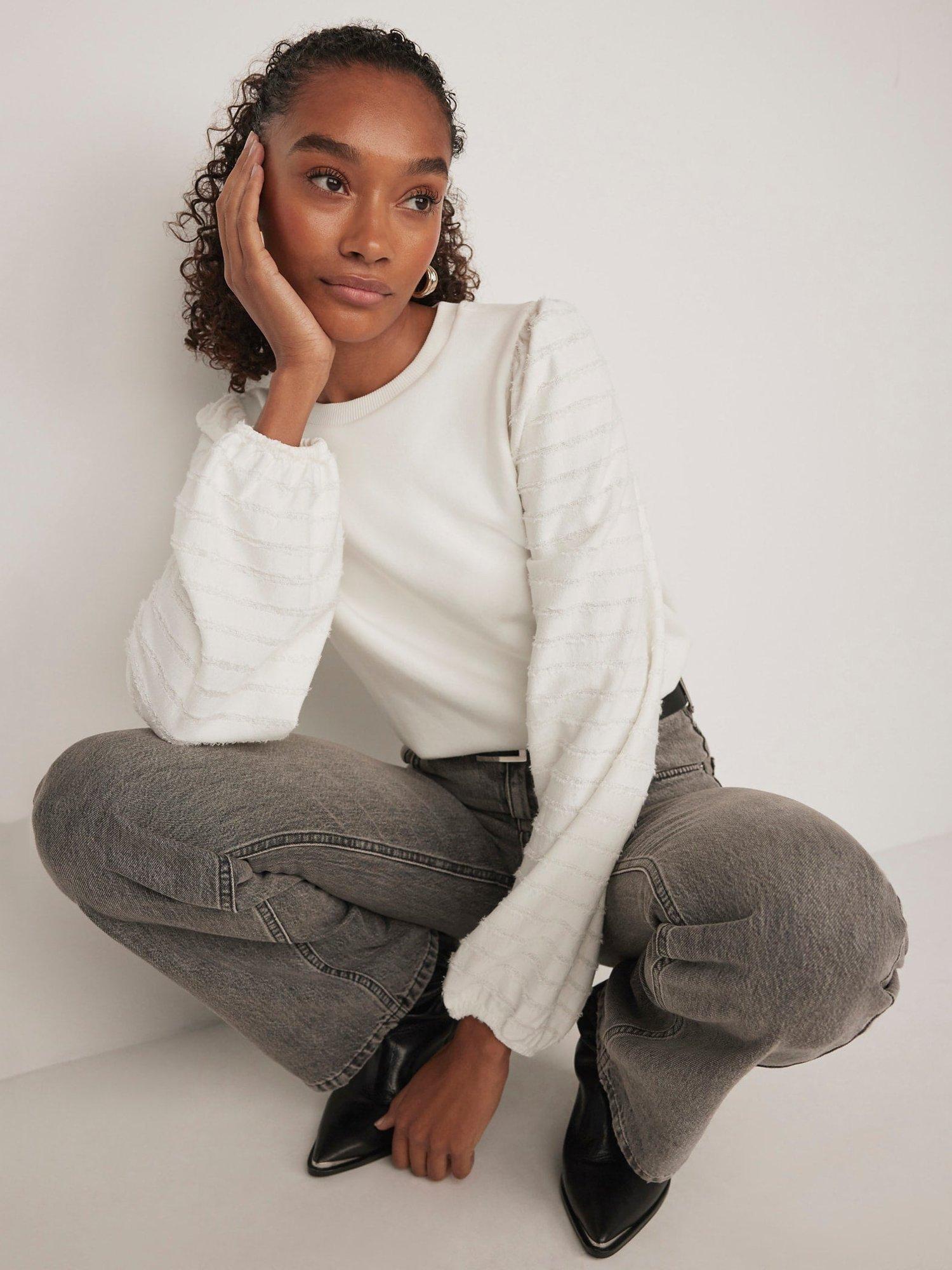 Mint Velvet Textured Sleeve Jumper White Ivory