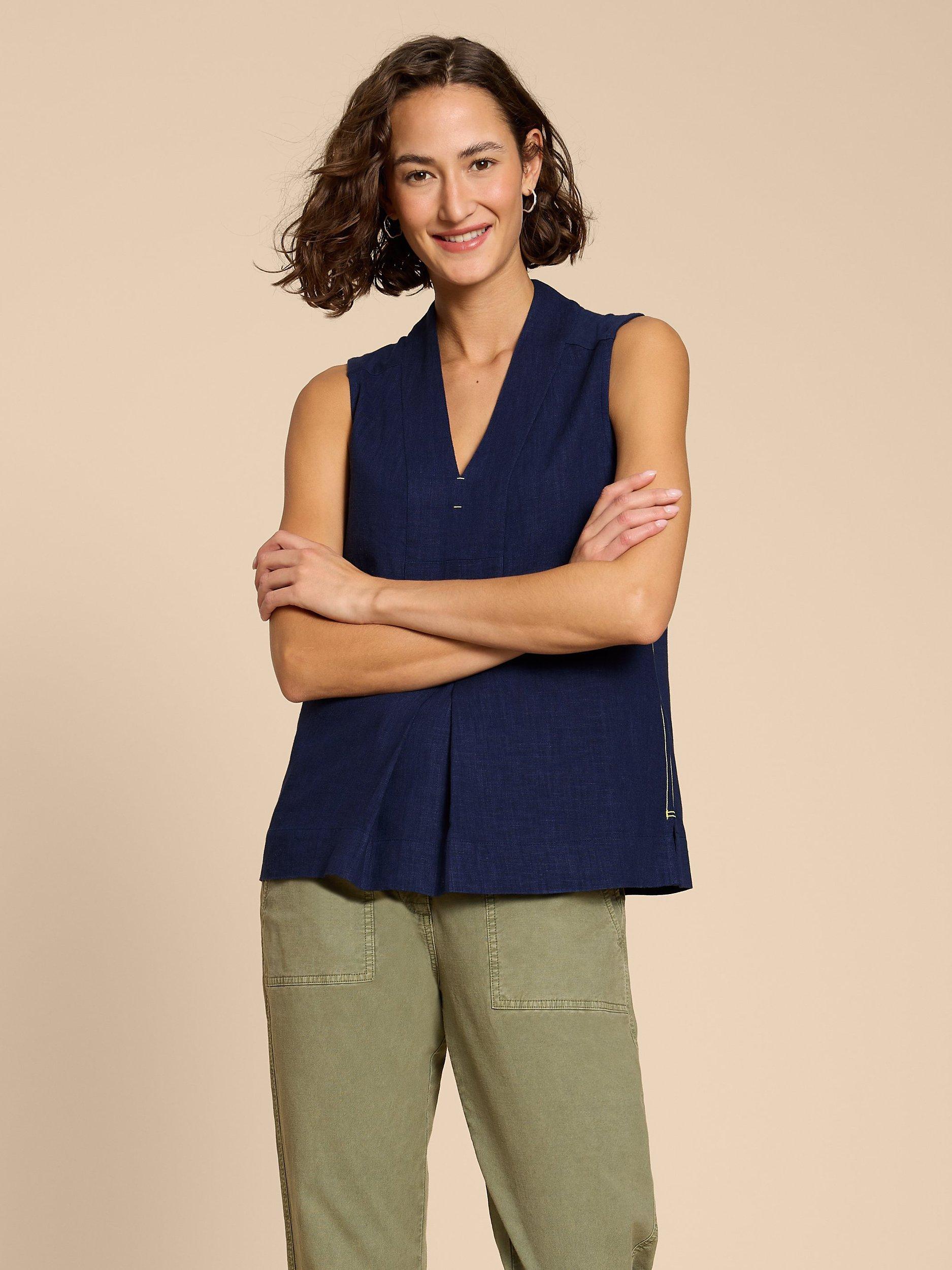 Product image 1 of 7, which shows White Stuff Celia Linen Blend V-Neck Shirt, Fr Navy, 6