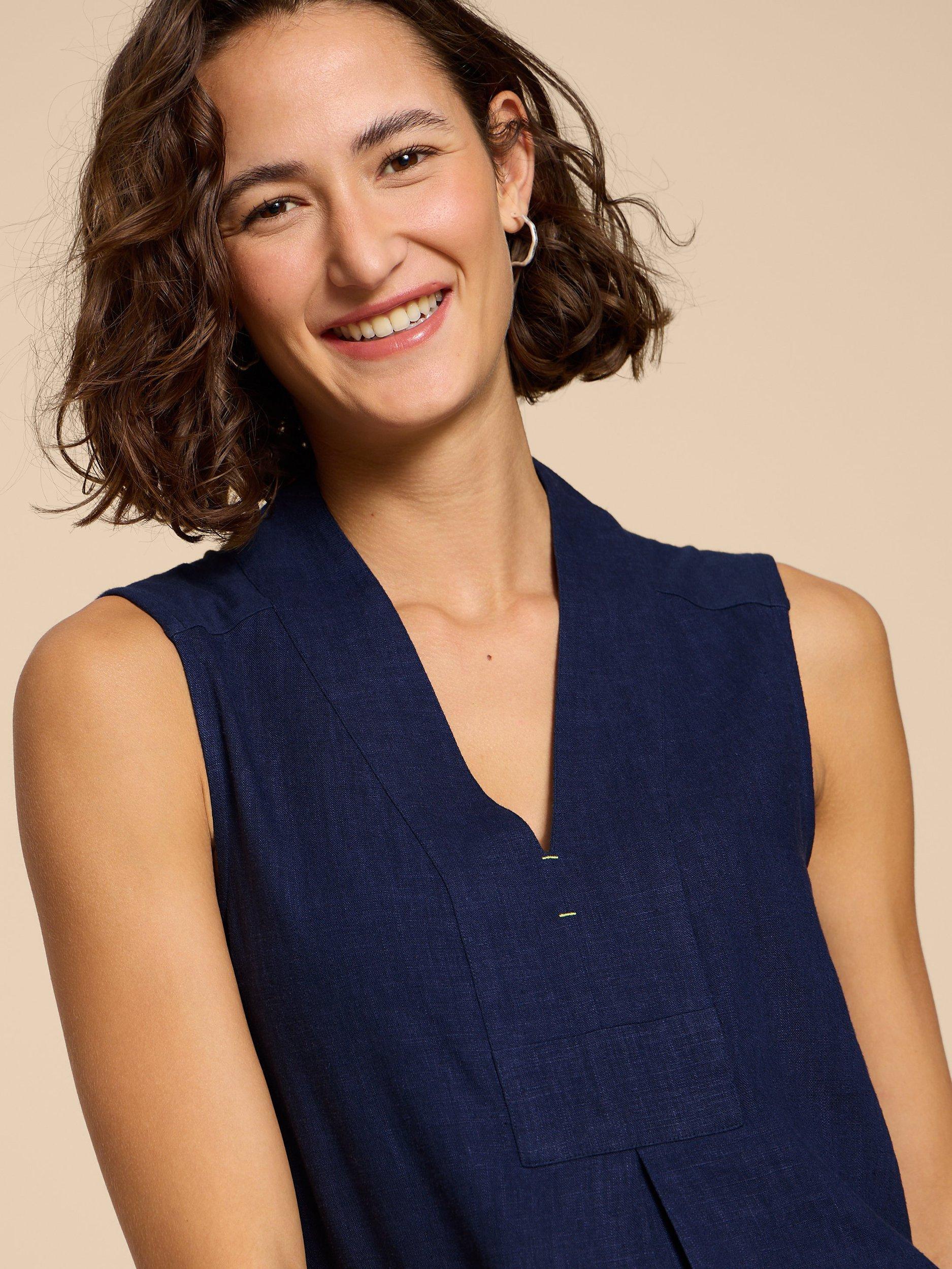 Product image 3 of 7, which shows White Stuff Celia Linen Blend V-Neck Shirt, Fr Navy, 6