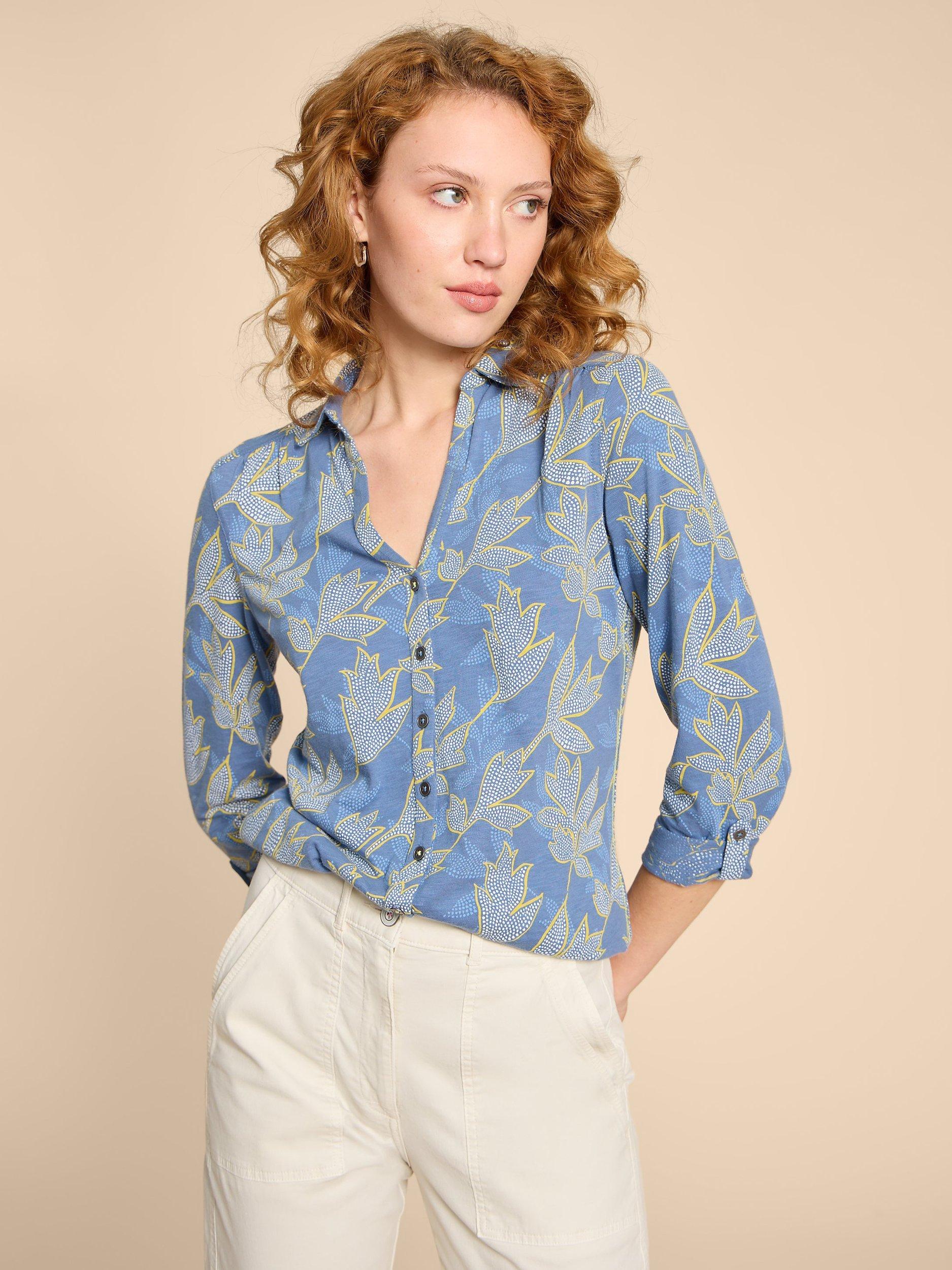 Product image 1 of 7, which shows White Stuff Annie Leaf Print Shirt, Blue, 6