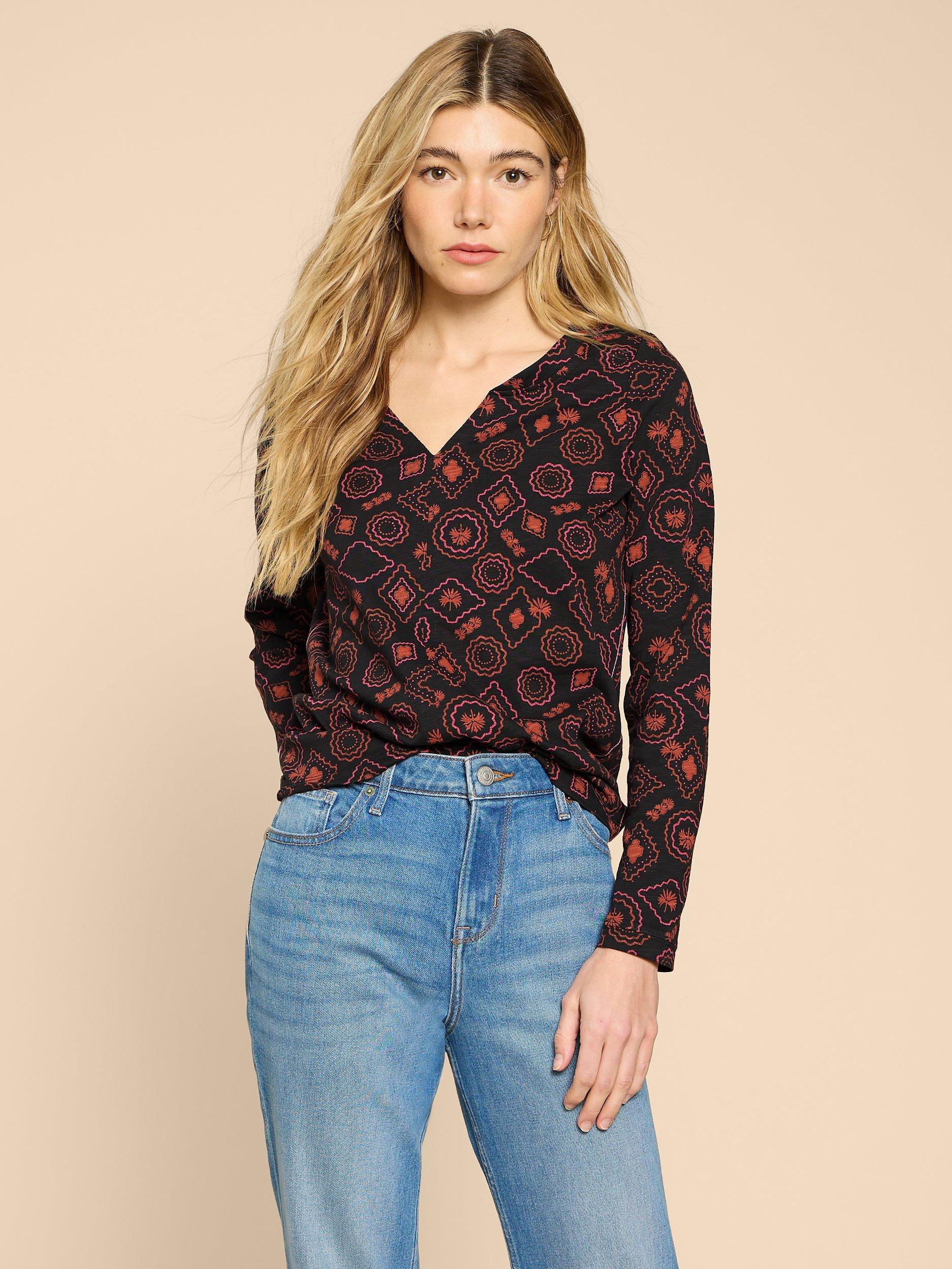 White Stuff Nelly Graphic Print Long Sleeve Cotton T-Shirt, Black/Multi