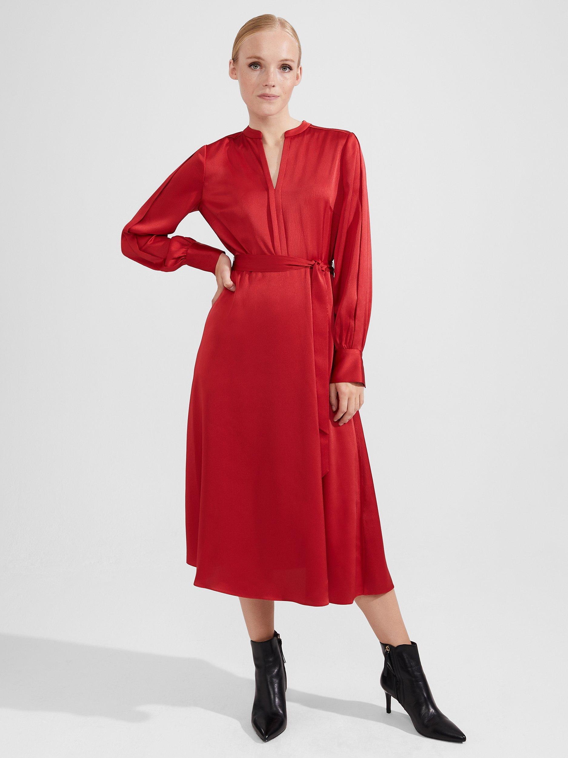 Product image 1 of 5, which shows Hobbs Arlette Satin Midi Dress, Currant Red, 14