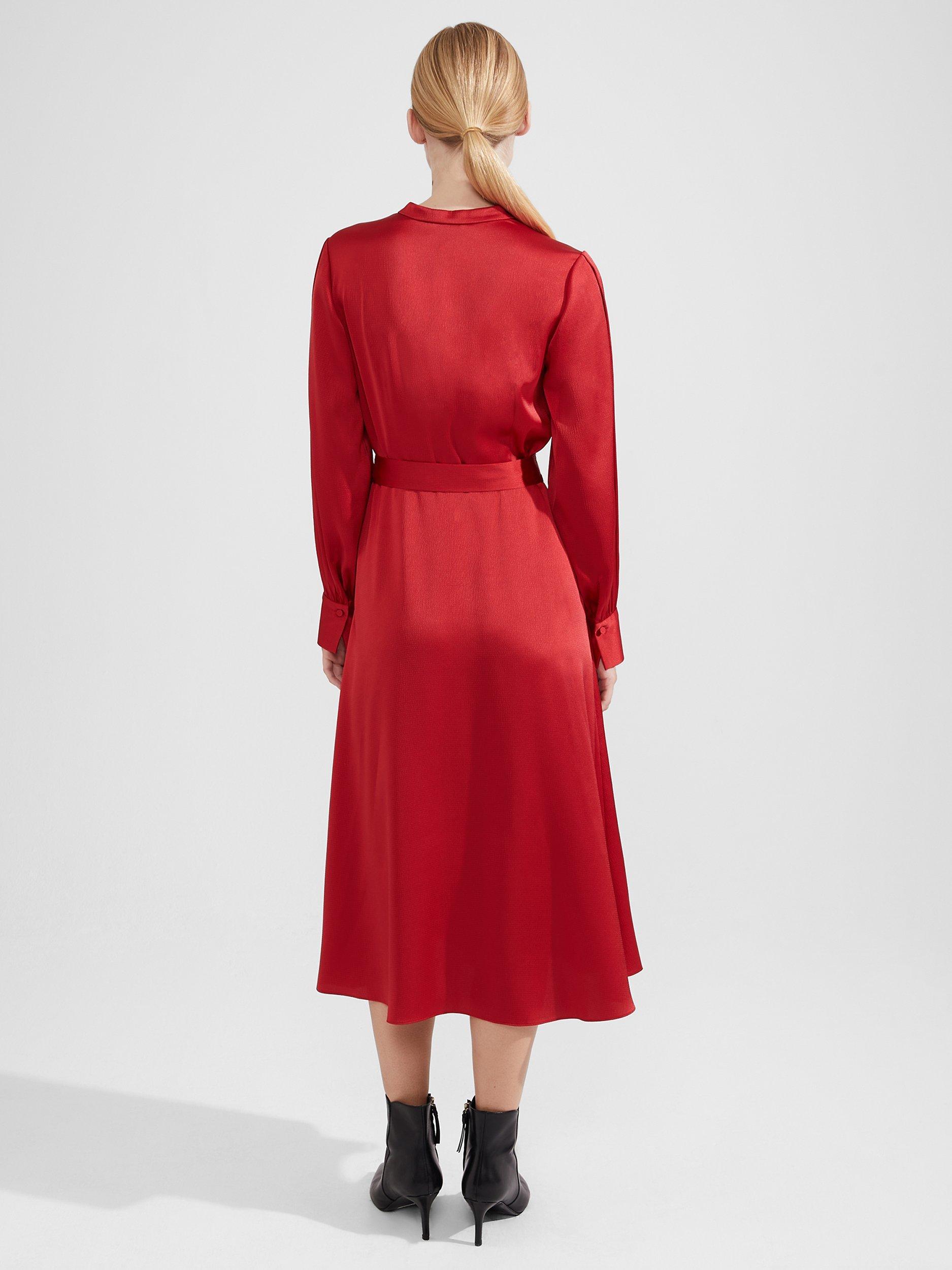 Product image 2 of 5, which shows Hobbs Arlette Satin Midi Dress, Currant Red, 14