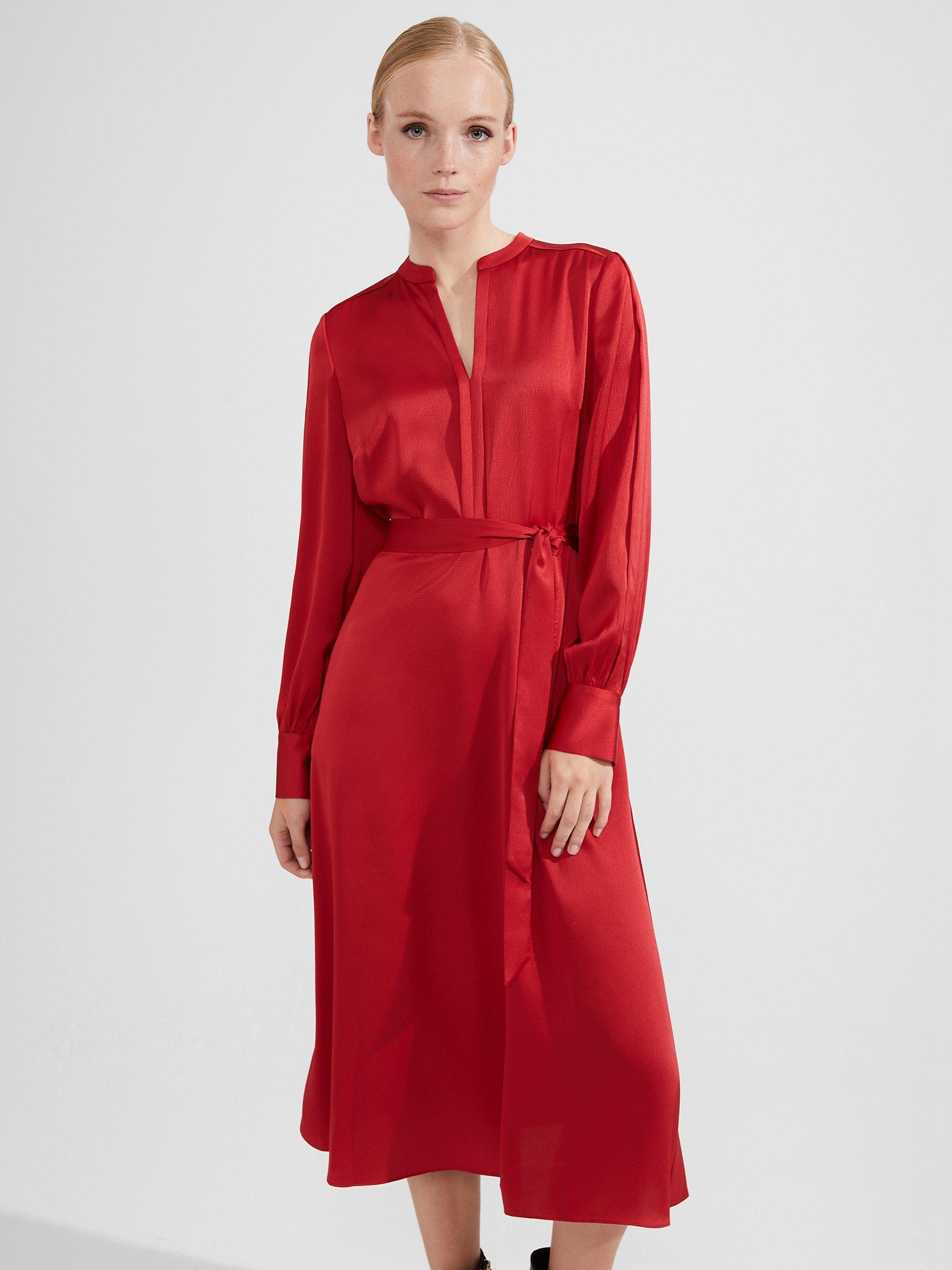 Product image 3 of 5, which shows Hobbs Arlette Satin Midi Dress, Currant Red, 14