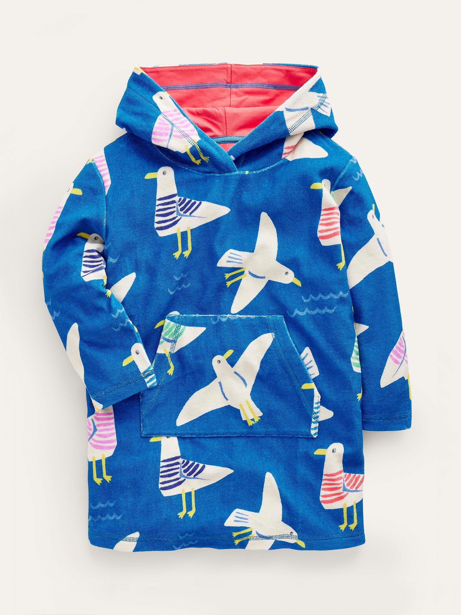 Mini Boden Kids' Seagull Towelling Hooded Beach Dress, Blue/Multi