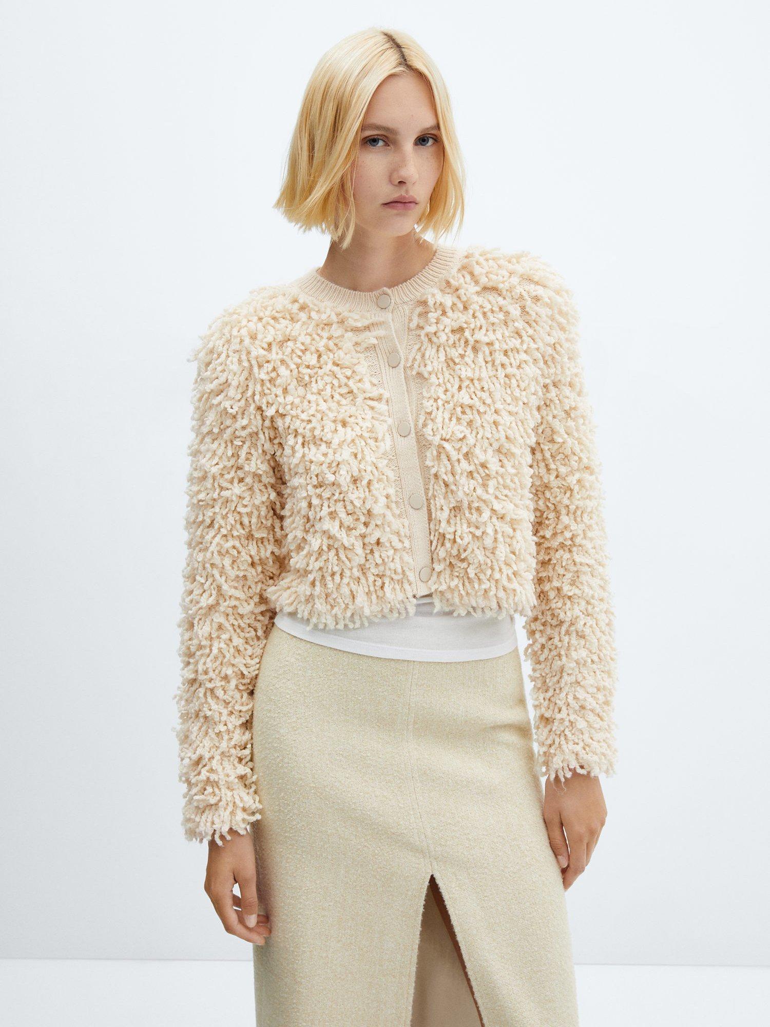 Mango Minipel Textured Cardigan, Light Beige